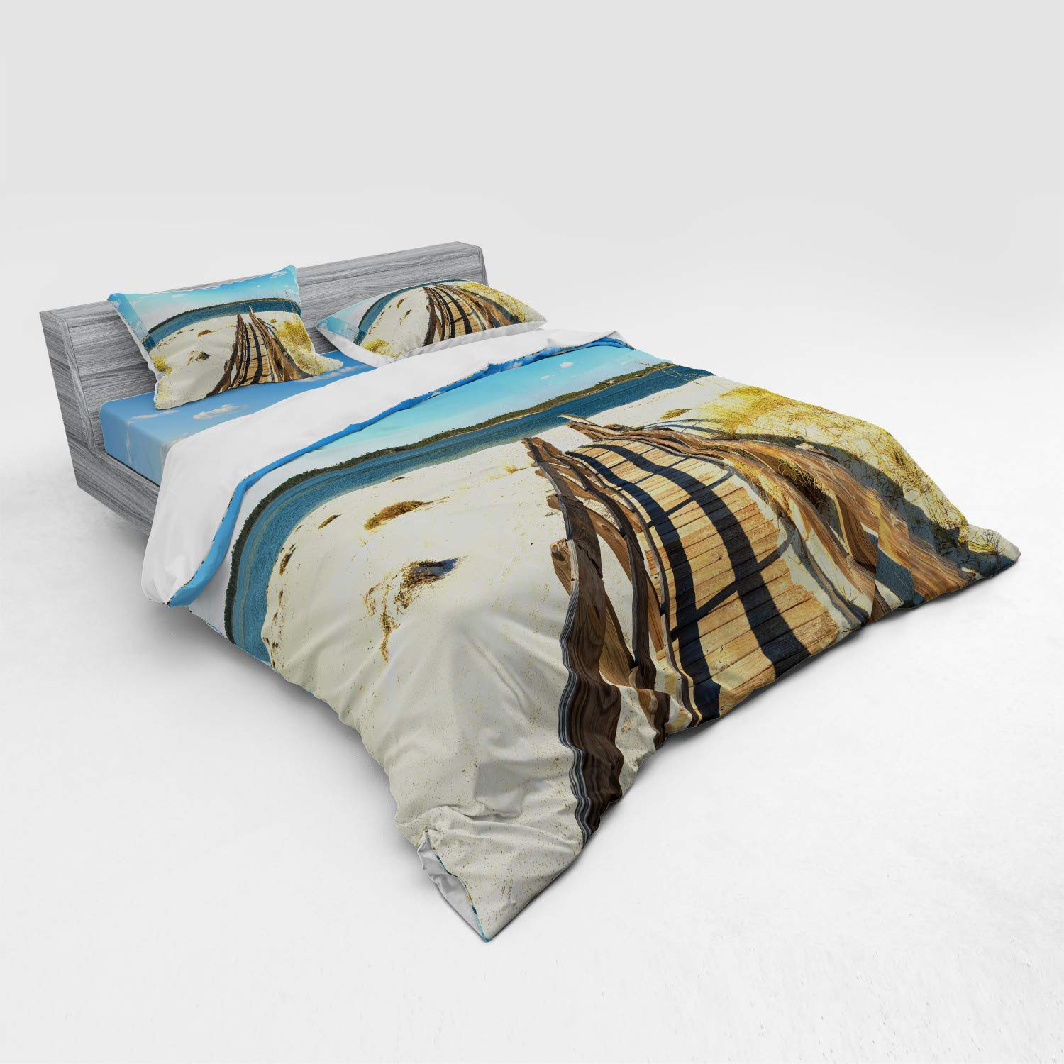 Ambesonne Beach Themed King Size 4-Piece Duvet Cover Set with Shams & Fitted Sheet - Coastal Decor for Bedroom, Cream Blue Perdido Beach Design - Perfect for Beach Houses, Vacation Rentals & Coastal Style Bedrooms