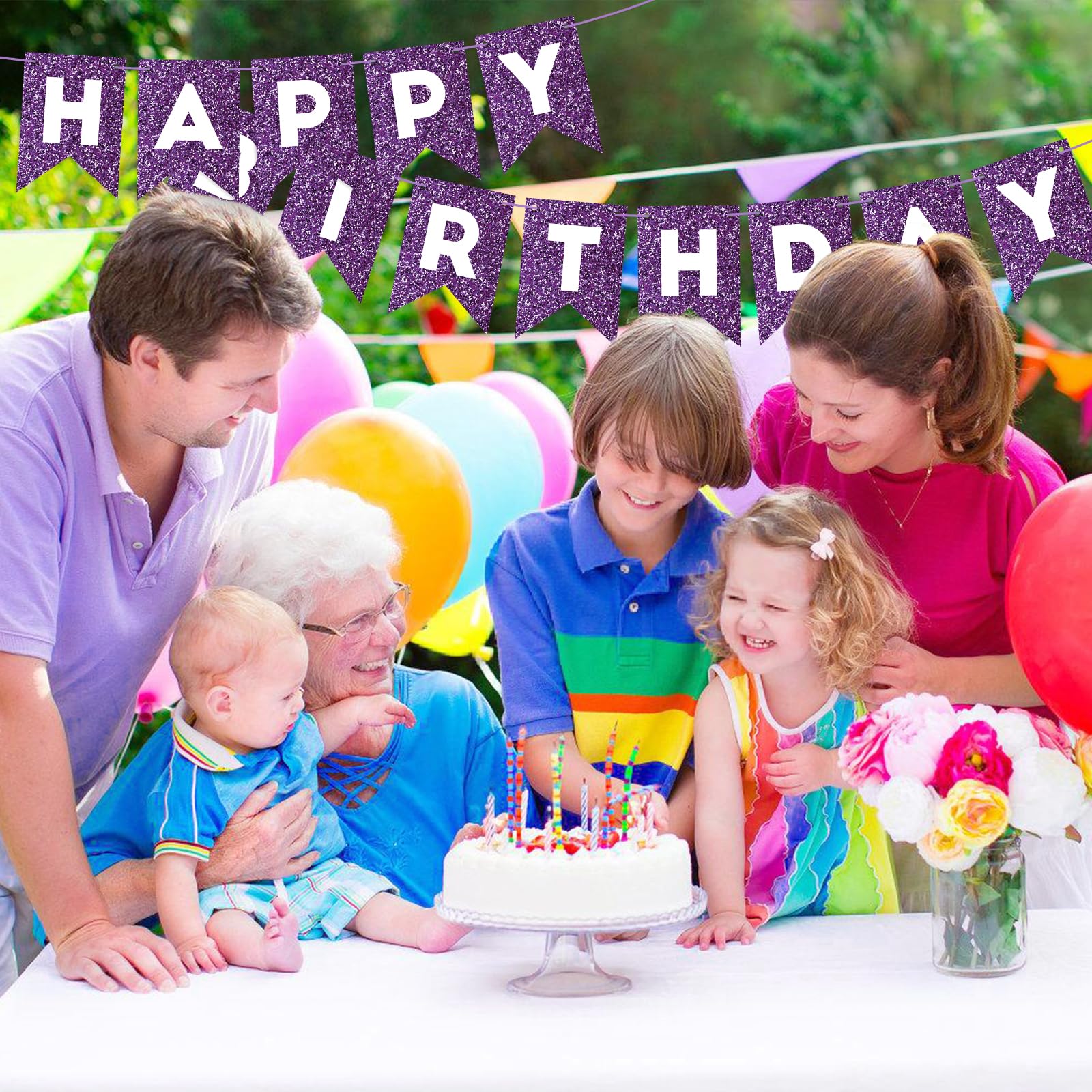 Purple Glitter Happy Birthday Banner - Sparkly Birthday Sign for Women & Girls, Backdrop Wall Door Garland Bunting - Perfect for Birthday Parties, Baby Showers & Celebrations - Party Decorations Supplies