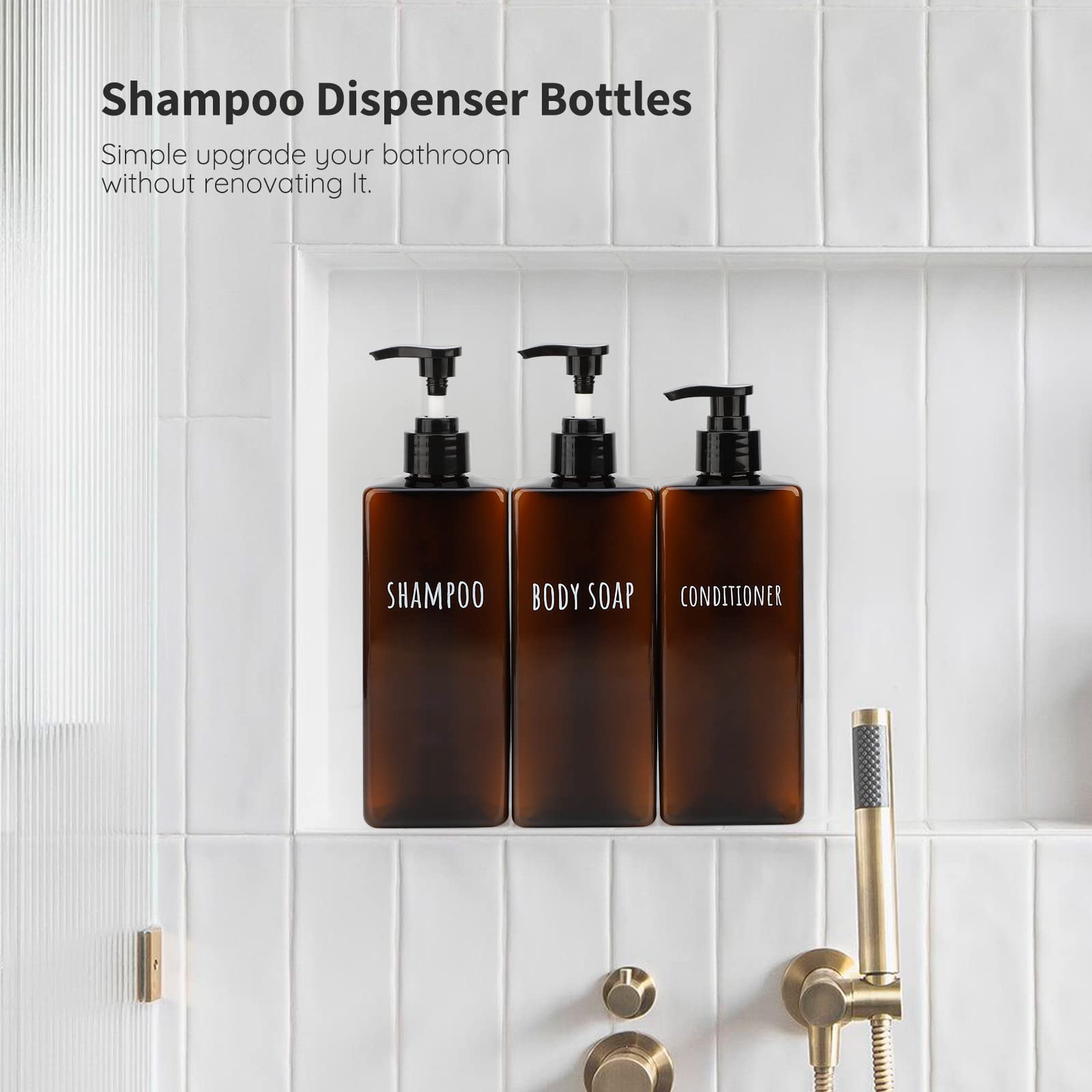 Segbeauty 16.9oz (500ml) Refillable Square Shampoo & Lotion Dispenser with Pump - 3 Pack Empty Plastic Bottles for Bathroom, Shower, Body Wash & Liquid Soap - Perfect for Home, Hotel & Travel (Amber)