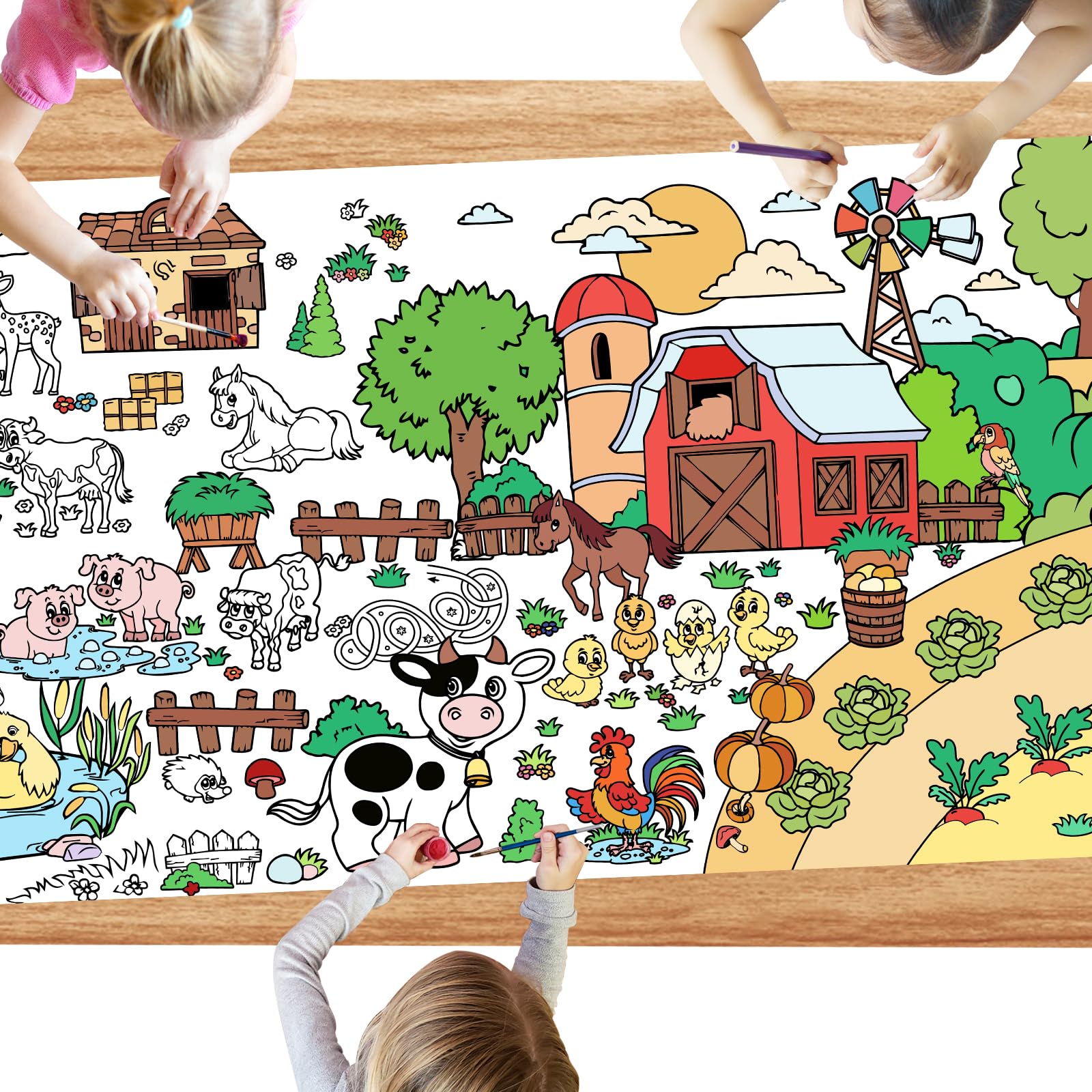 Humerry Farm Animals Giant Coloring Poster for Kids - 31x72 Inch Large DIY Coloring Tablecovers & Wall Decor - Perfect for Classroom Activities, Birthday Parties & Creative Play
