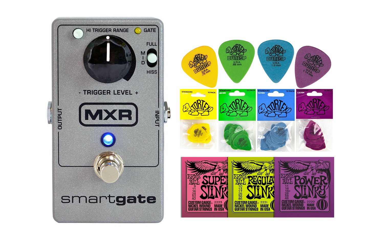 MXR M135 Smart Gate Noise Gate Pedal Bundle with 2 Free Items: Ernie Ball Guitar Strings & 12 Dunlop Tortex Picks – Perfect for Live Performances, Studio Recording, and Noise Reduction for Electric Guitarists