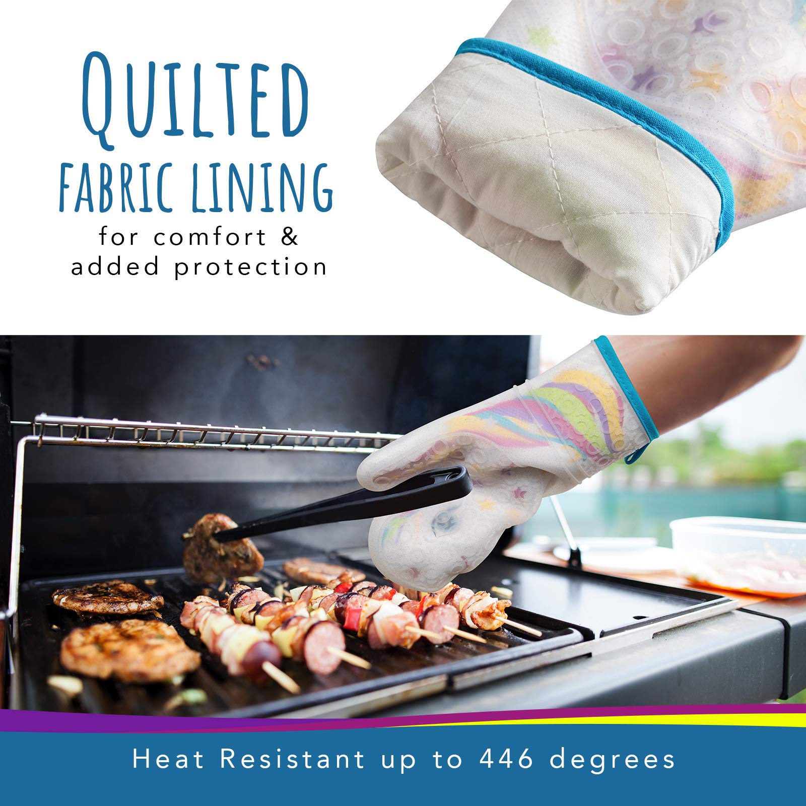 Magic Unicorn Silicone Oven Mitt - Heat Resistant Kitchen Gloves with Quilted Fabric Lining - Funny & Cute Baking Accessories for Women - Perfect for Cooking, Baking, and Holiday Gifts