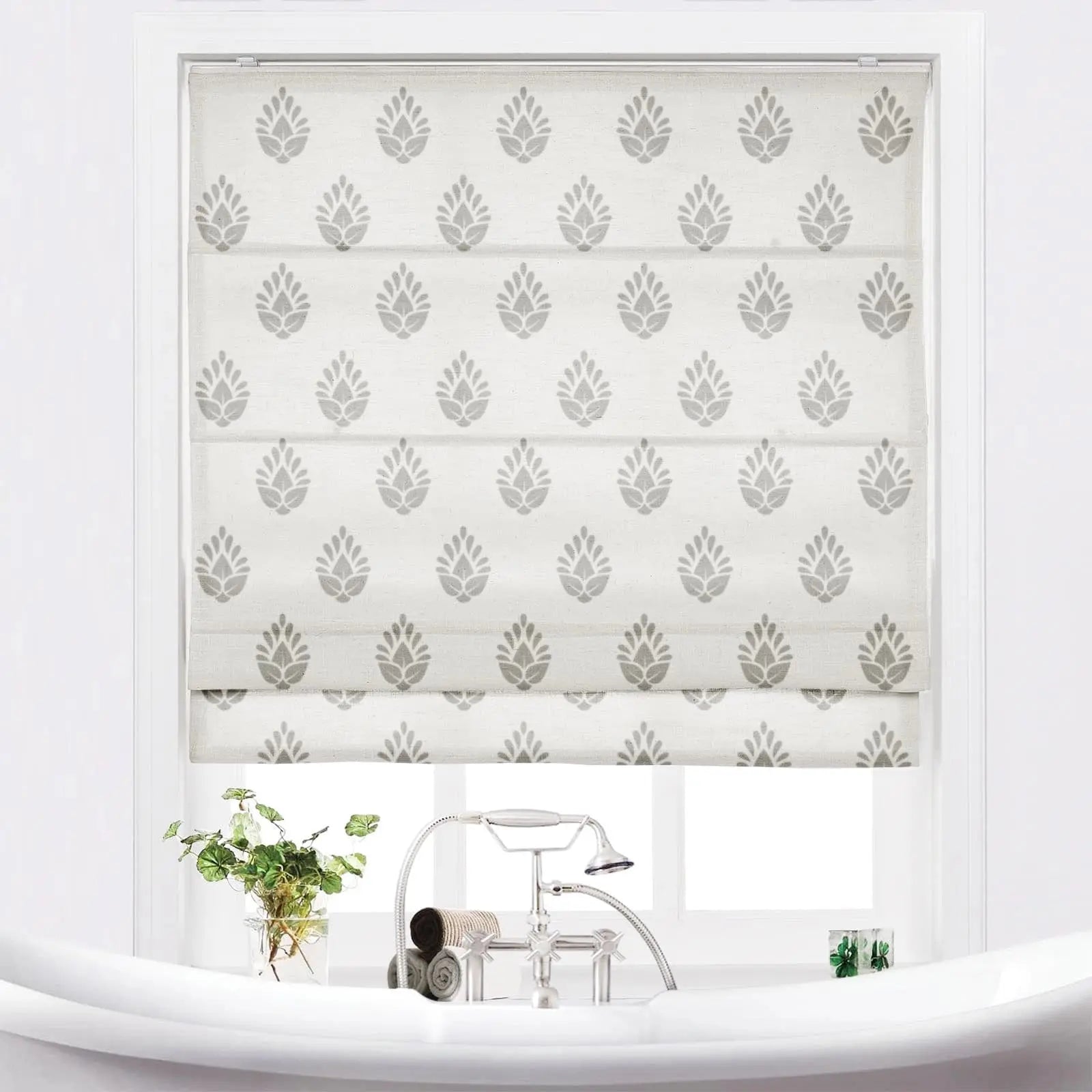Stefana Silver Printed Cordless Roman Shade - Blackout Window Treatment for Bedroom & Living Room - Plus Size Custom Window Coverings