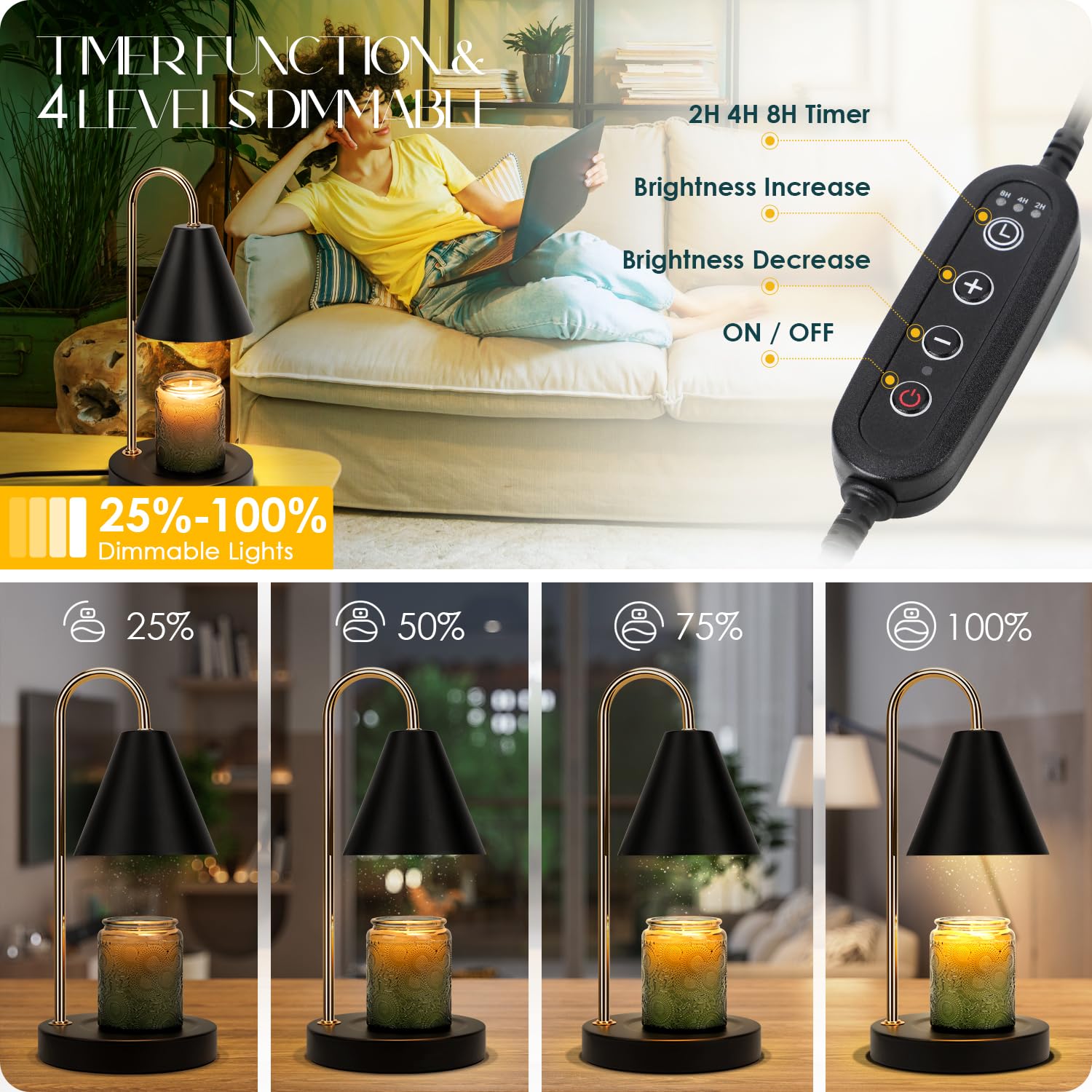 Electric Candle Warmer Lamp with Timer & Dimmable Light - Scented Wax Melter for Home Decor, No Smoke, Fits Various Jars, Includes 2 Bulbs (Black) - Perfect for Aromatherapy, Relaxation & Holiday Ambiance