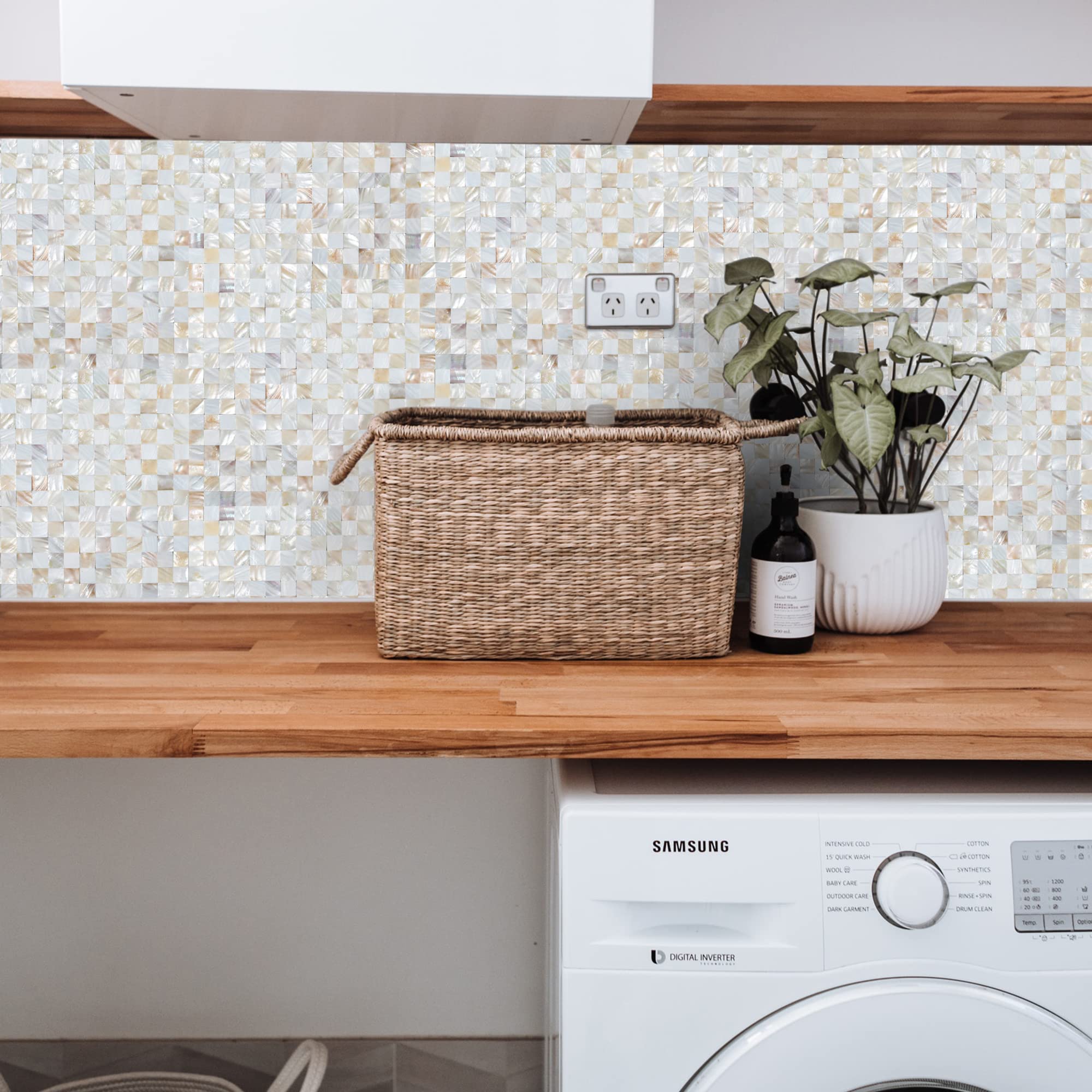 KASARO Peel and Stick Backsplash Tiles - Mother of Pearl Mosaic Self-Adhesive Wall Tiles for Kitchen, Bathroom & Bedroom Decor (White & Natural, 10 Sheets) - Easy DIY Home Renovation & Waterproof Wall Covering