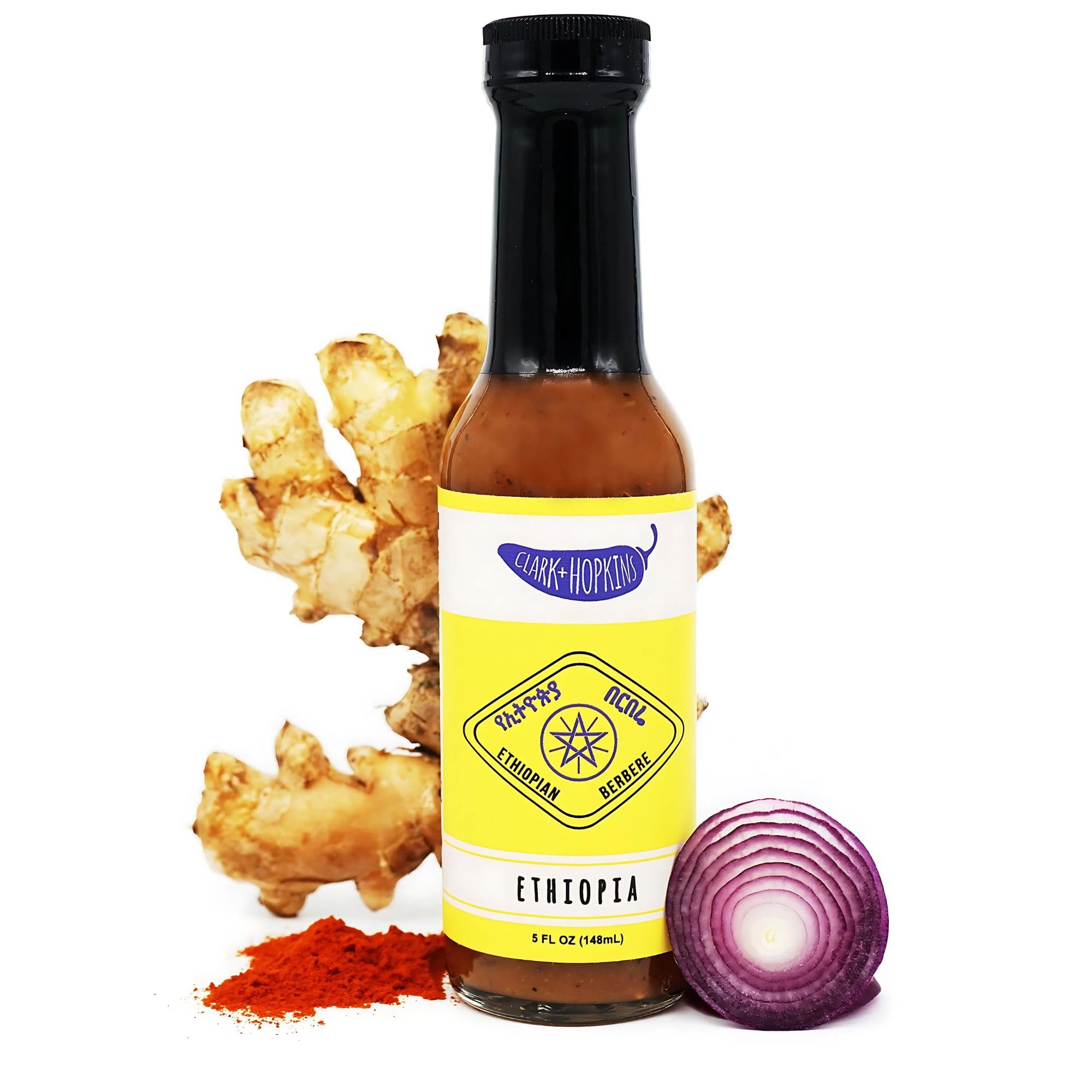 Clark + Hopkins Ethiopia Pepper Sauce - Berbere, Habanero & Ginger Flavored Hot Sauce for East African Cuisine | Medium Heat 5oz Bottle | Perfect for Grilling, Stews & Spicy Food Lovers