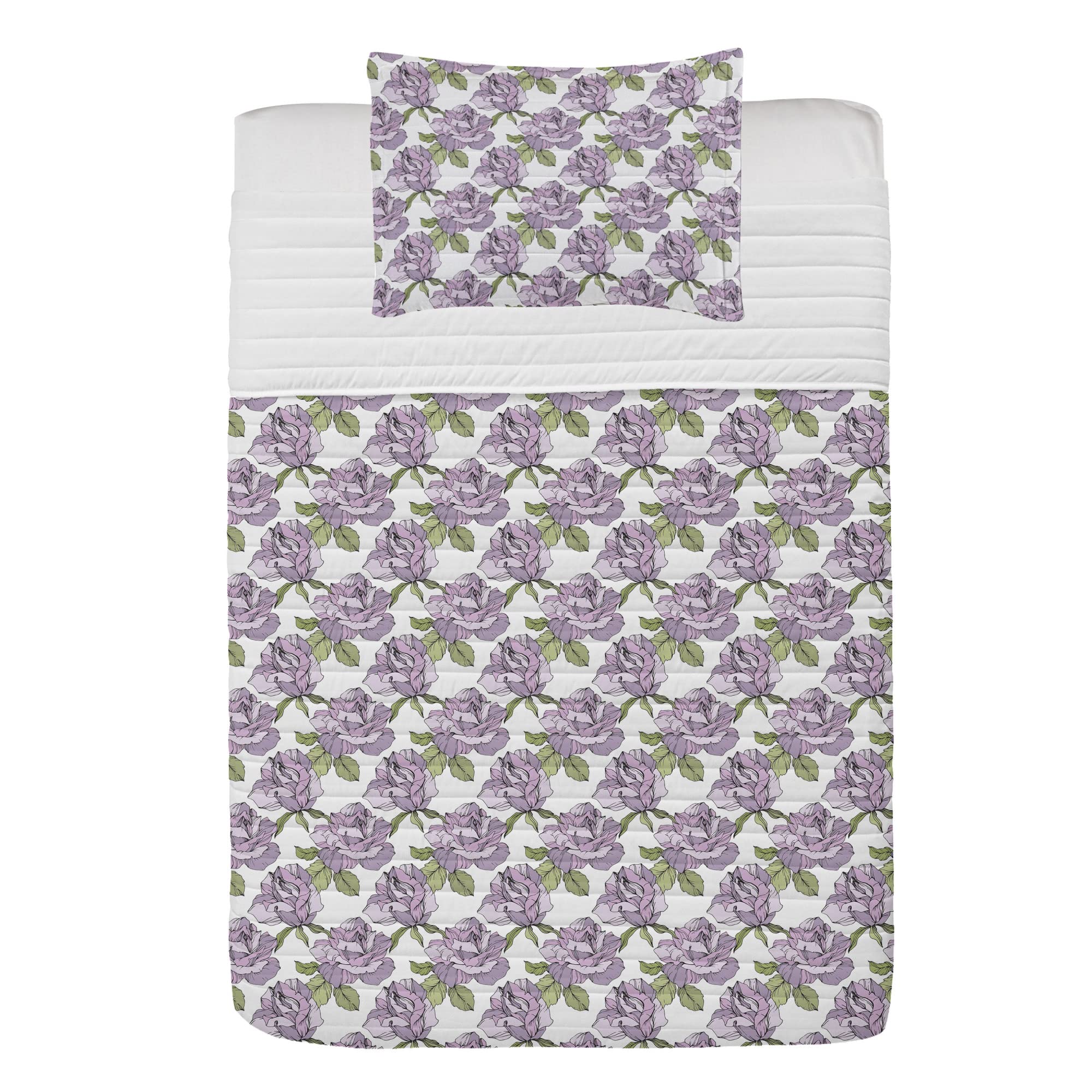 Ambesonne Purple Rose Microfiber Bedspread Set - Exotic Floral Design with Green Leaves, Soft Twin Size Bedding Set Includes Pillow Sham & Comforter in Grey Pink White | Perfect for Modern Bedroom Decor, Guest Room, Dorm Room, and Cozy Home Styling