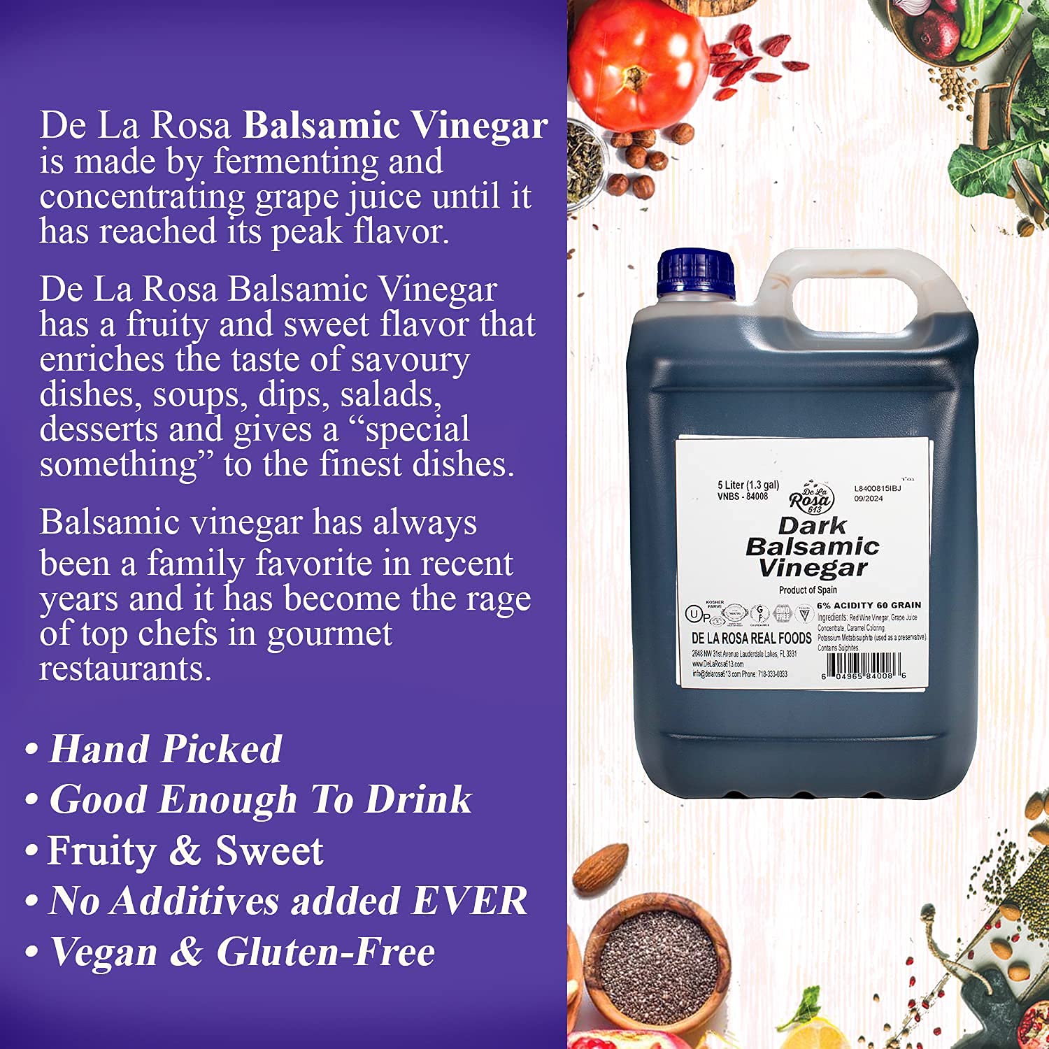 Premium Spanish Dark Balsamic Vinegar - Vegan, Kosher & Gluten Free - Ideal for Salad Dressings, Marinades, Dipping & Cooking - 5 Liter Bulk Size (Pack of 1) - Perfect for Restaurants, Catering & Home Chefs