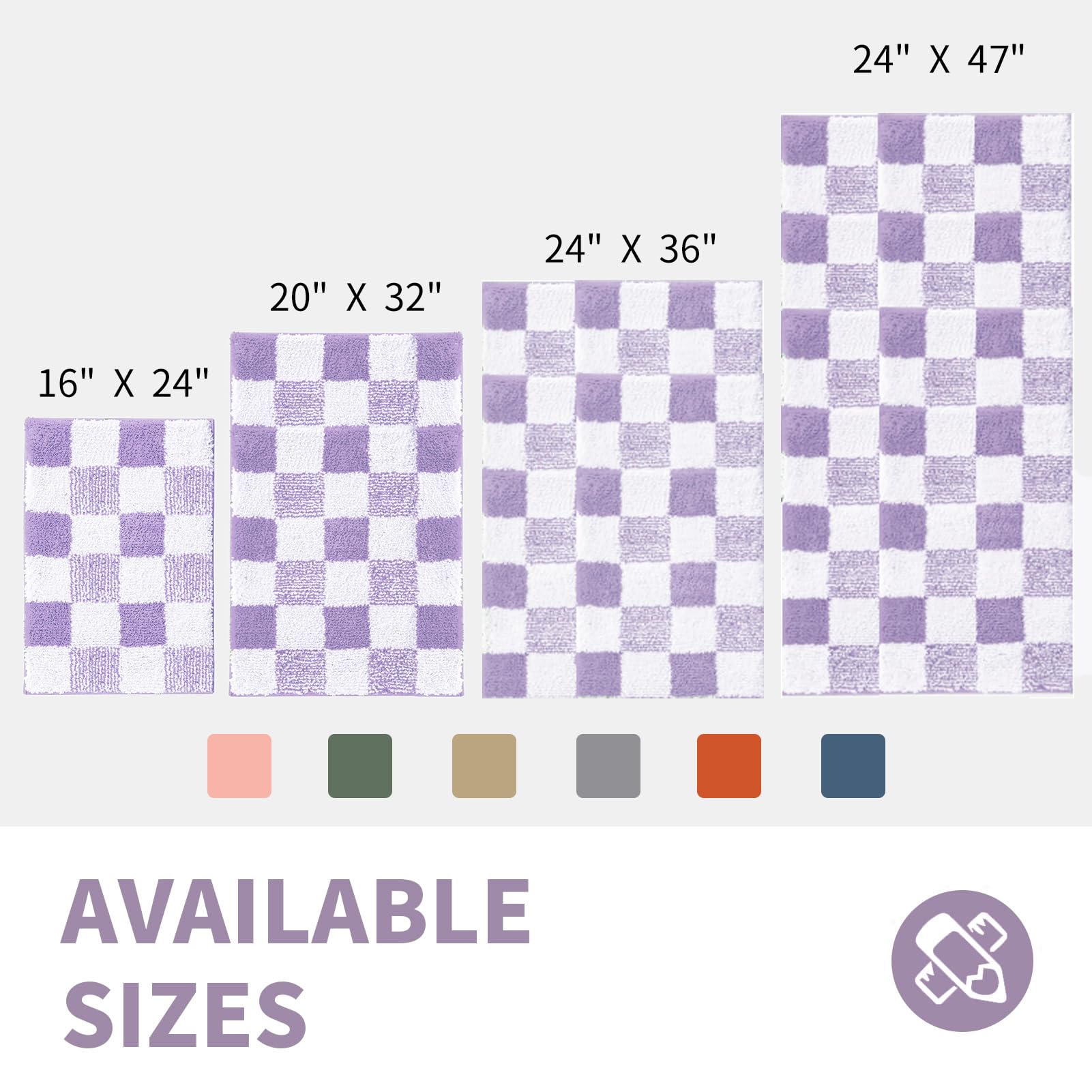 CozeCube Non-Slip Fluffy Microfiber Bath Mat - Absorbent Checkered Bathroom Rug for Shower & Sink, Washable & Soft, Aesthetic Purple Design (24
