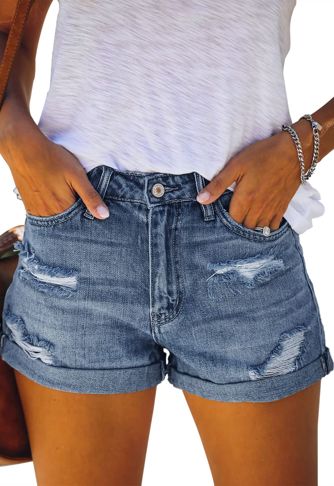 Women's High Waisted Ripped Denim Shorts - Stretchy Comfort Fit with Cuffed Hem - Trendy Distressed Jean Shorts for Summer Outfits, Beach Vacations & Casual Wear