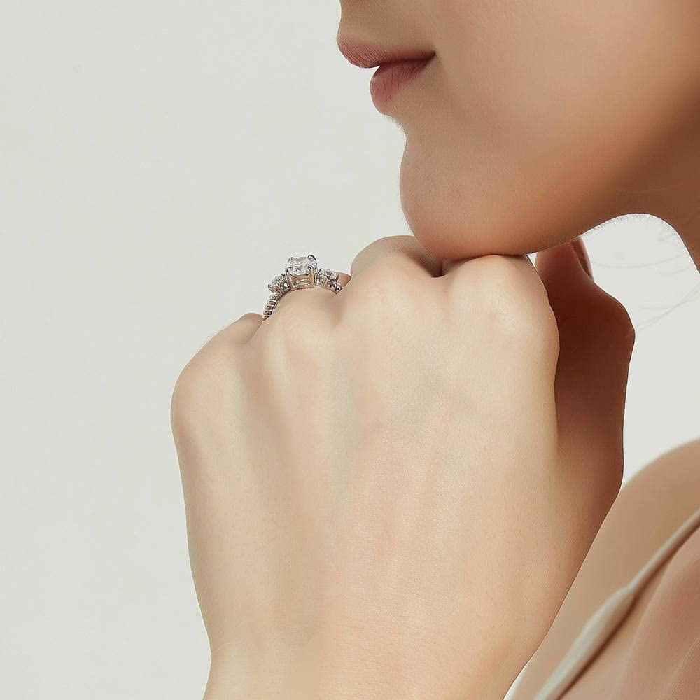 BERRICLE Sterling Silver 3-Stone Oval Cut Cubic Zirconia Engagement Ring for Women - 1.8 Carat CZ Wedding Band, Rhodium Plated Size 4-10 - Perfect for Proposals, Anniversaries & Special Occasions