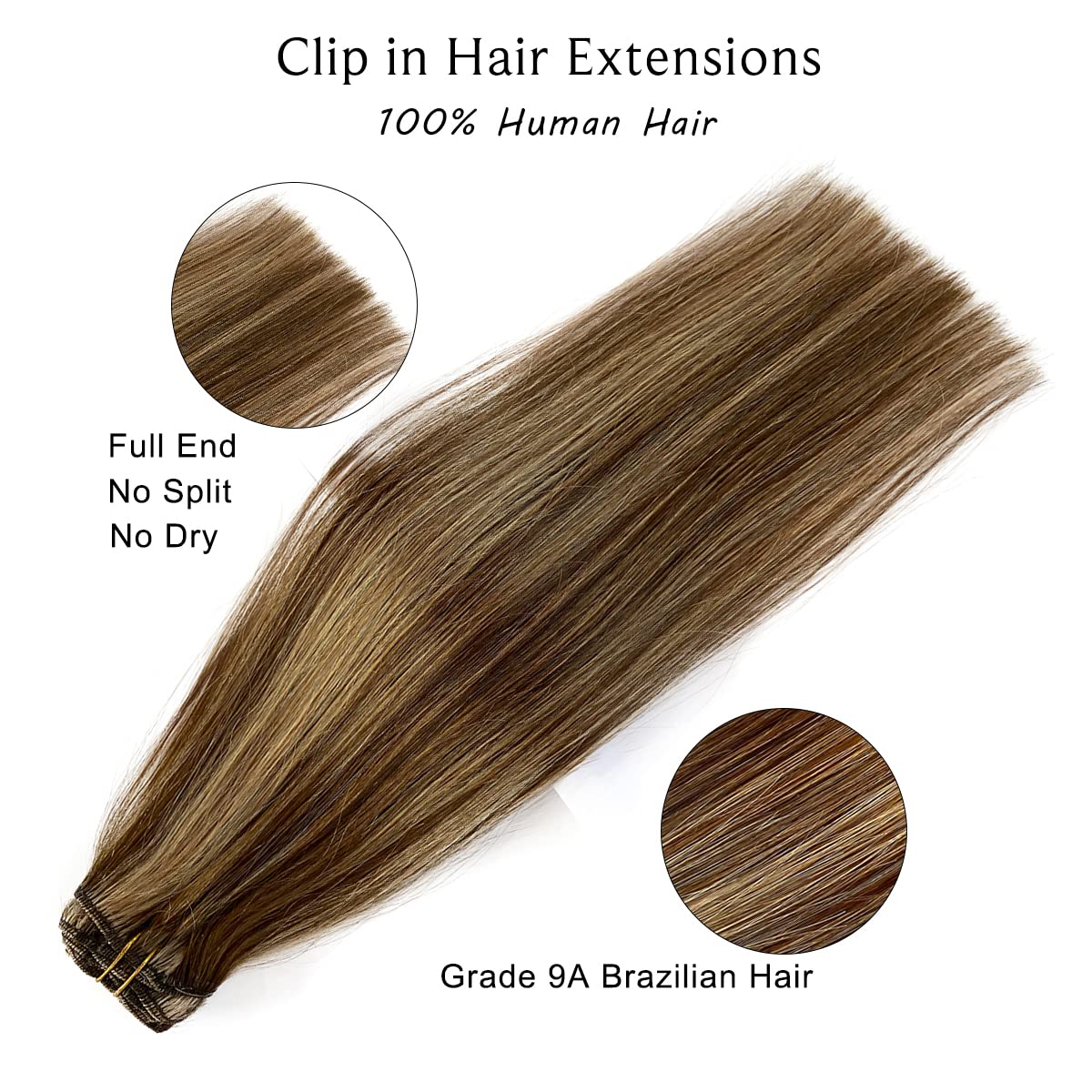 Clip In Remy Human Hair Extensions 20 Inch 7 Pieces 70g Straight Double Weft - Chocolate Brown to Caramel Blonde Highlights (#4P27) | Natural Looking Hair Extensions for Women | Perfect for Parties, Weddings & Everyday Styling