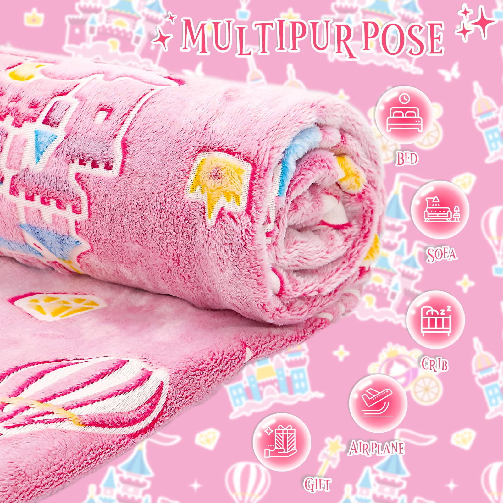 BORORO Princess Blanket for Girls - Glow in The Dark Pink Castle Blanket, Soft & Cozy Birthday Gift for Toddlers, Kids, Women | Perfect for Bedtime, Movie Nights & Princess-Themed Parties