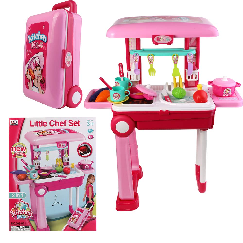 2 in 1 Pretend Play Kitchen Toy Set - Portable Travel Suitcase Kitchen Playset for Kids | Perfect for Indoor & Outdoor Role Play Games, Birthday Gifts for Boys & Girls Ages 3-6