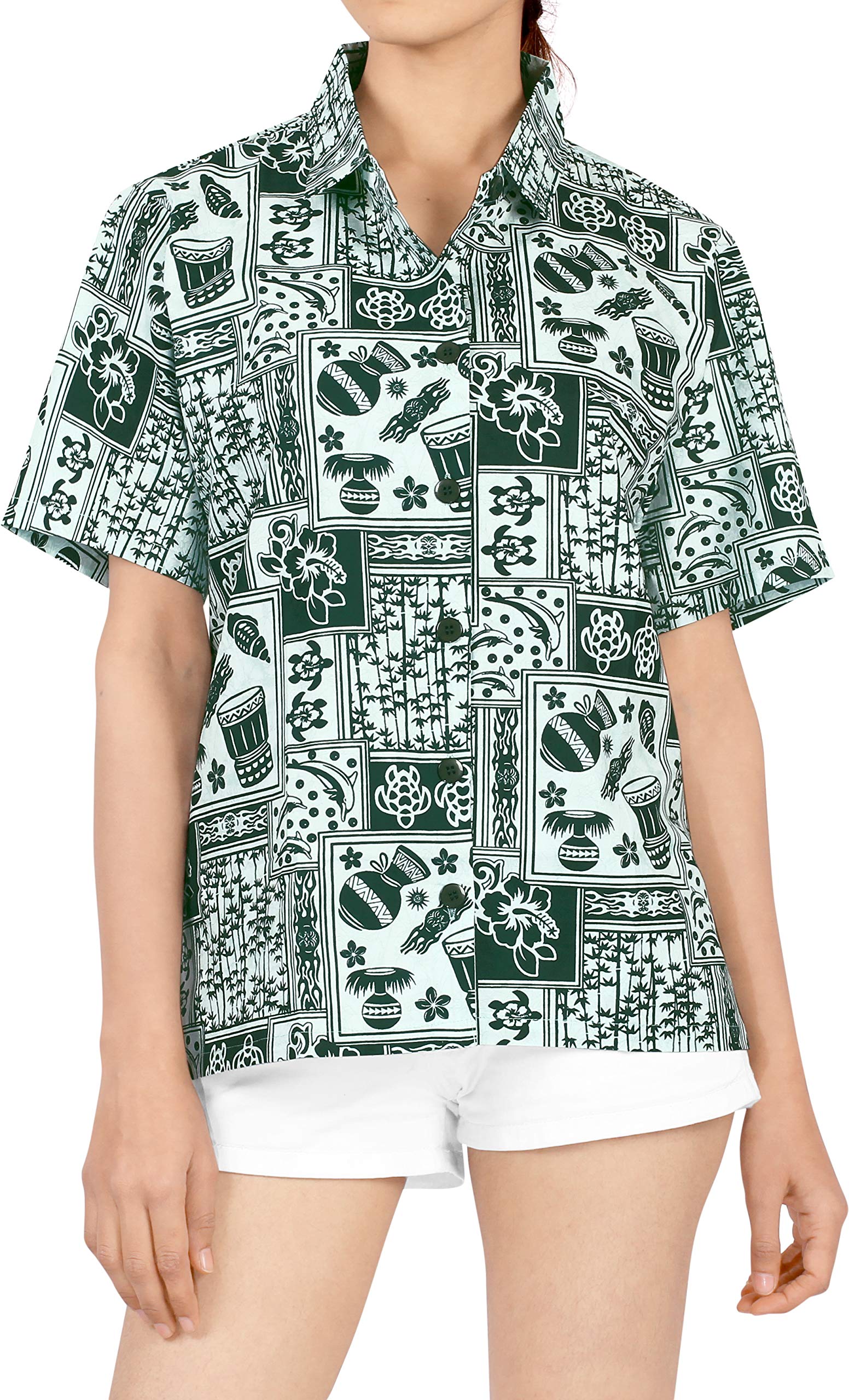 LA LEELA Women's Short Sleeve Hawaiian Beach Blouse Shirt - Floral Print Vacation Top for Summer, Pool Party & Tropical Getaways