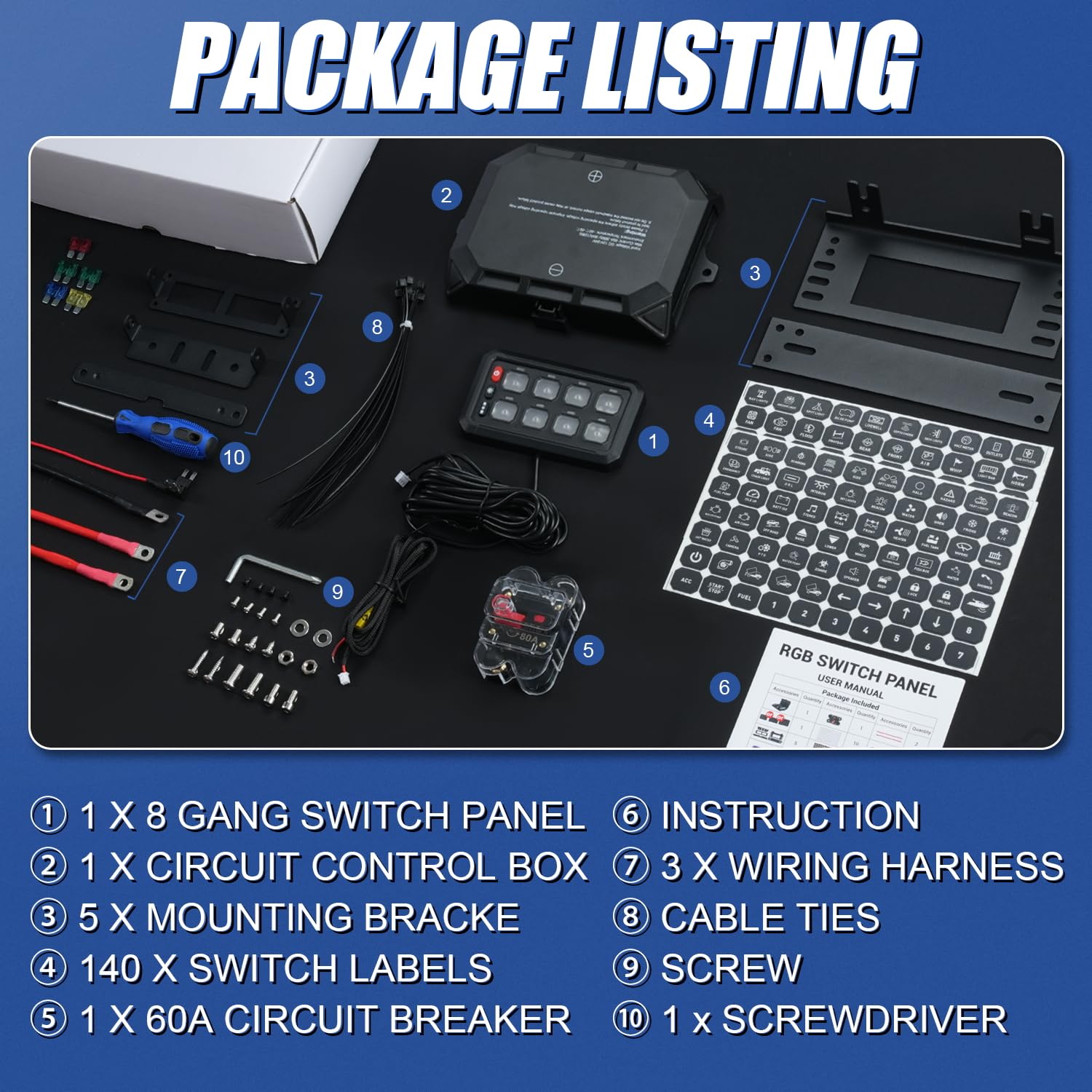 8 Gang Switch Panel with RGB LED & 5-Level Brightness Control - Universal Automotive Relay System for RV, Truck, ATV, UTV, Boat, Marine, SUV - Perfect for Interior Lighting & Accessory Control