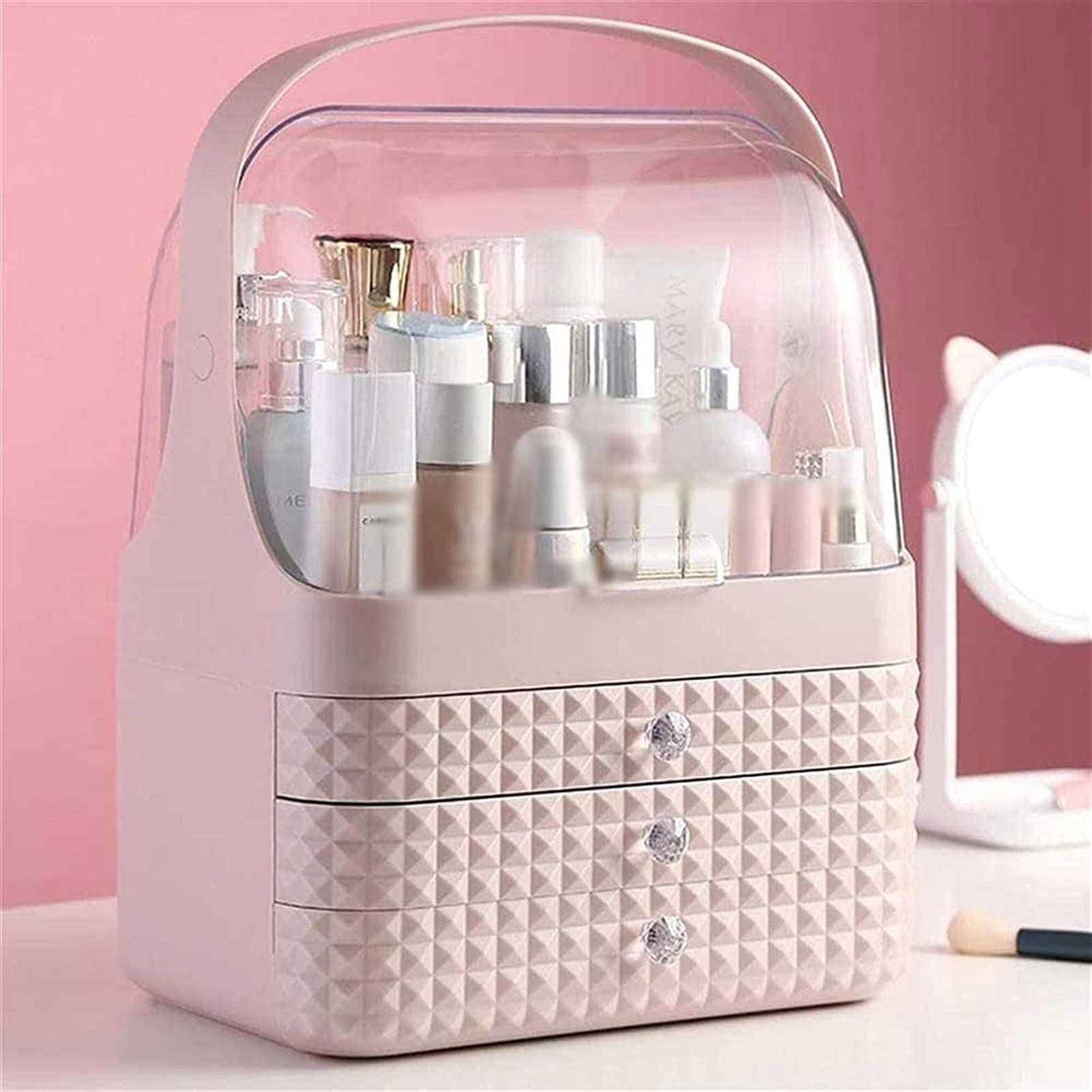 Portable Makeup Organizer with Dust-Free Cover & Waterproof Lid - High Capacity Cosmetic Storage Box with Handle, Dust-Proof Drawers - Perfect for Bathroom Countertop, Bedroom Dresser & Travel Use