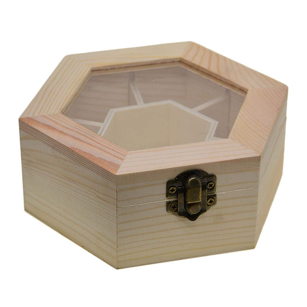 Natural Plain Wooden Jewelry Storage Box with Glass Lid & Lock - Hexagon Shaped Chest for Earrings, Rings & Necklaces - Perfect for Home Decor, Gift Giving & Jewelry Organization