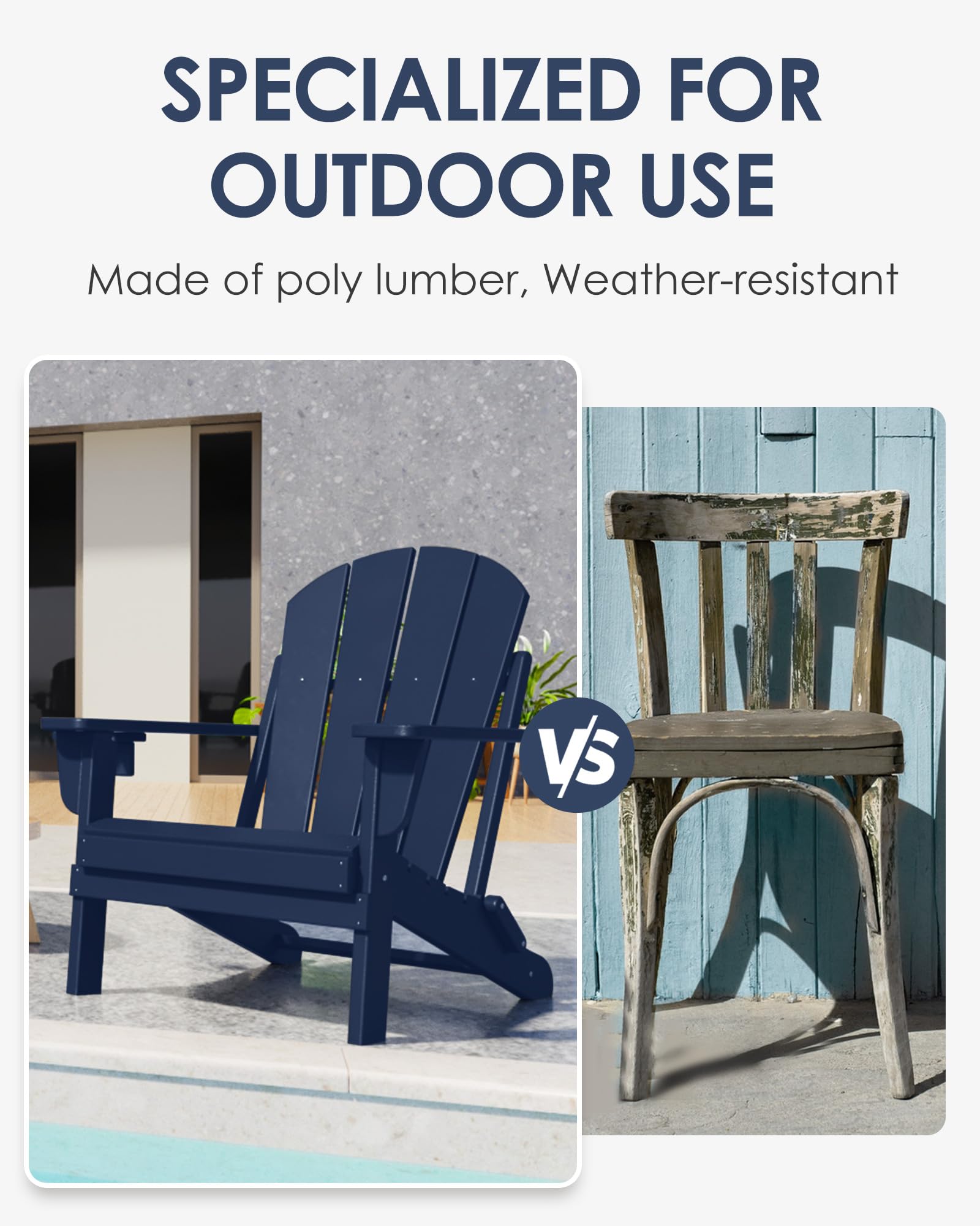 All-Weather Folding Adirondack Chairs - Heavy Duty HDPE Patio Chairs with Cup Holder, 385lb Weight Capacity - Navy Blue Outdoor Lounge Chairs for Backyard, Firepit, Poolside & Garden Relaxation