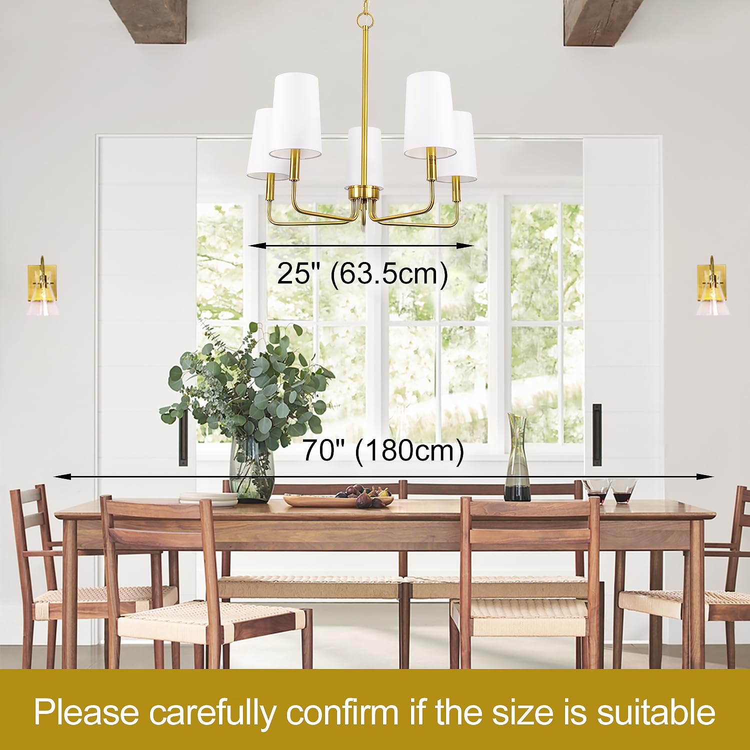 5-Light Brushed Brass Chandelier with White Fabric Shades - Farmhouse Linear Island Lighting Fixture for Kitchen, Dining Room & Entryway | Perfect for Rustic, Modern & Transitional Home Decor