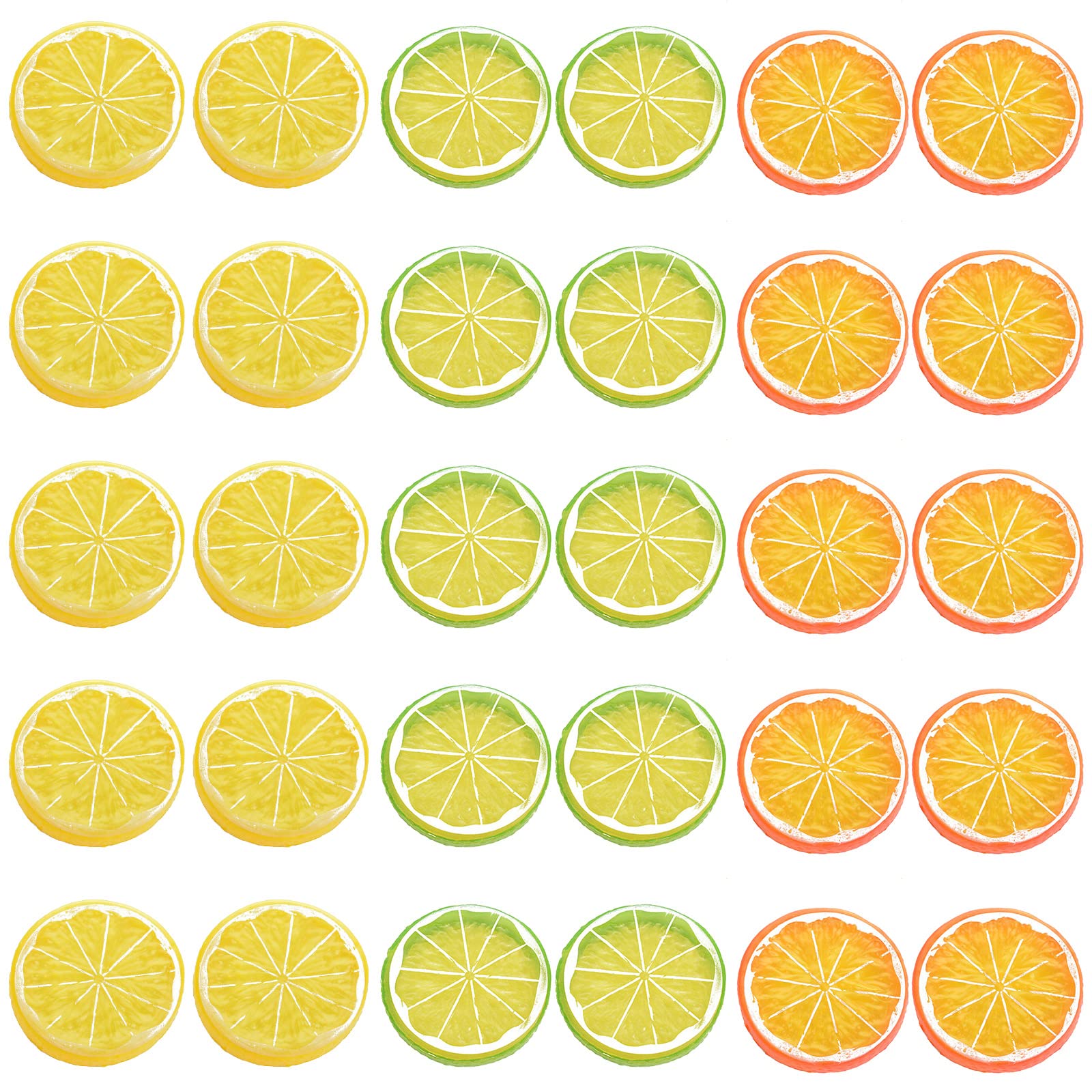 VIDELLY 30PCS Realistic Plastic Lemon Slices - Artificial Fake Lemon Decorations for Party, Home, Kitchen & Restaurant - Christmas Fruit Props (3 Colors) - Perfect for Cocktail Garnish, Table Centerpieces & DIY Crafts