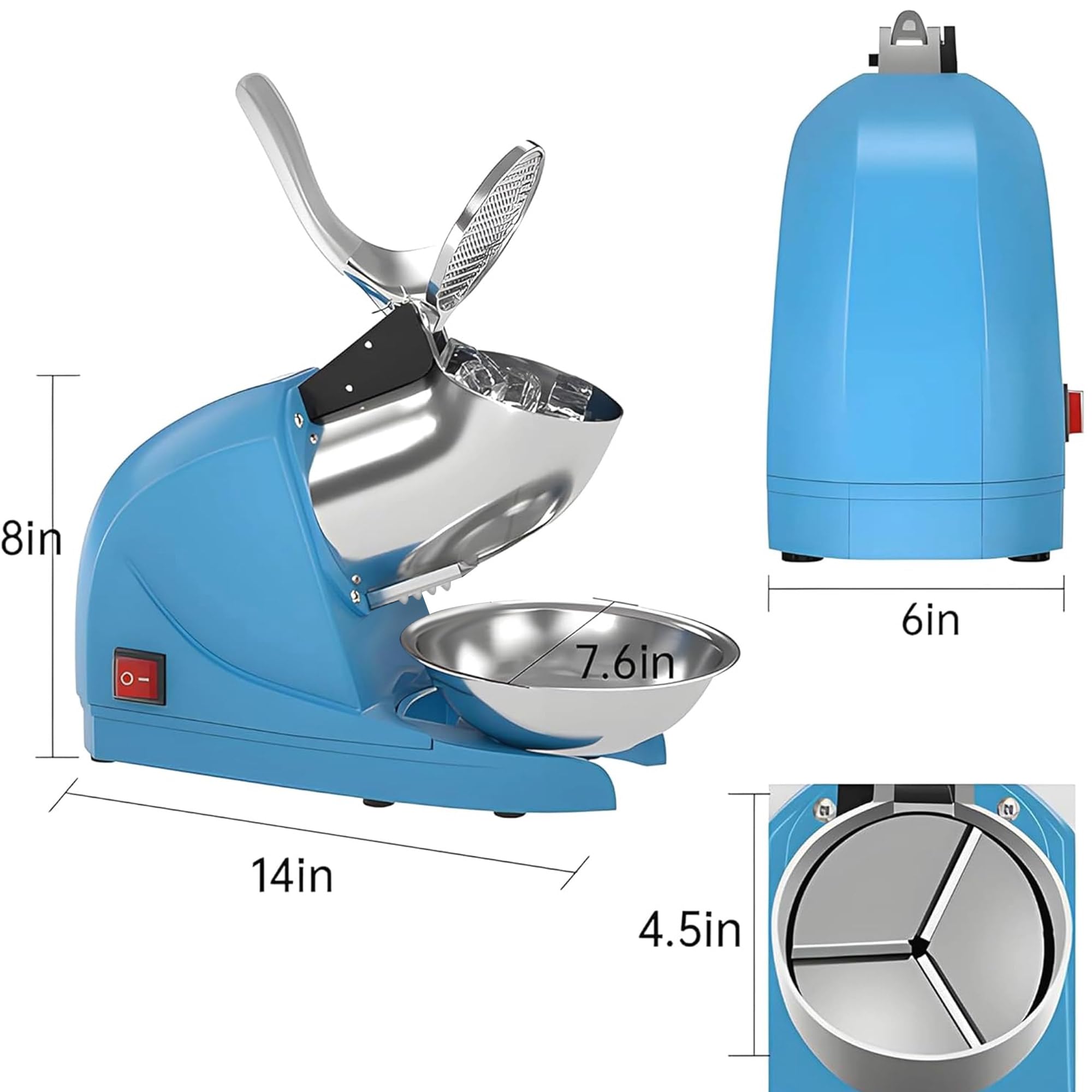 Electric Shaved Ice Machine - 380W 3-Blade Snow Cone Maker, 286 lb/hr High-Capacity Ice Crusher for Commercial & Home Use (Blue) - Perfect for Parties, Cafes, and Summer Treats