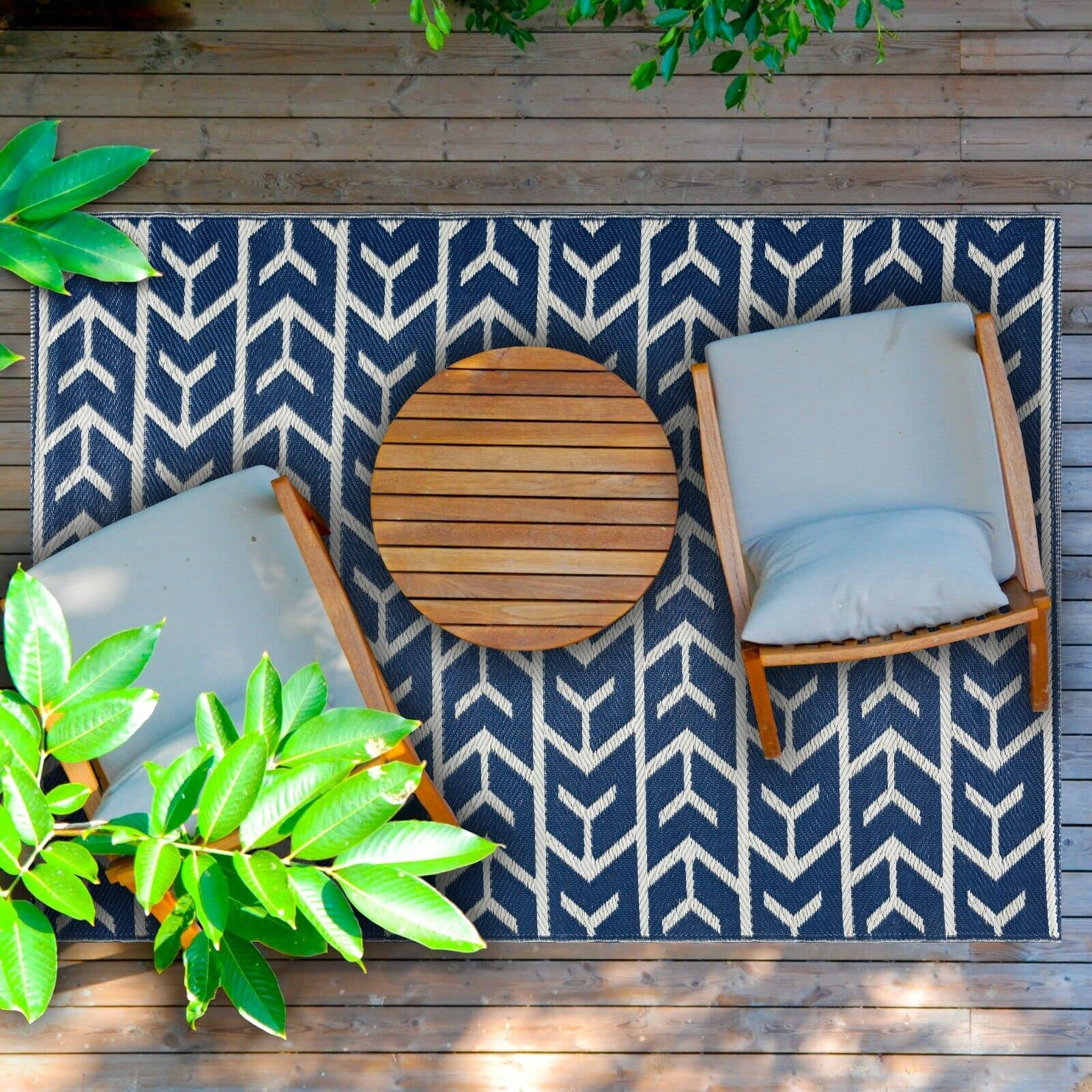 Premium Outdoor Rug - Waterproof, Crease-Free, Reversible, Lightweight, Rolled Design - Recycled Plastic Material - Weather, Stain, Fade & UV Resistant - Amsterdam Pattern in Navy & Creme (6'x9') - Perfect for Patio, Deck, Poolside & Garden Decor
