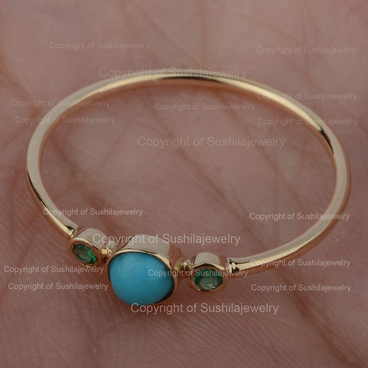 14K Solid Yellow Gold Sleeping Beauty Turquoise & Emerald Wedding Band Ring - Handmade Minimalist Jewelry for Women - Perfect for Anniversaries, Engagements & Special Occasions