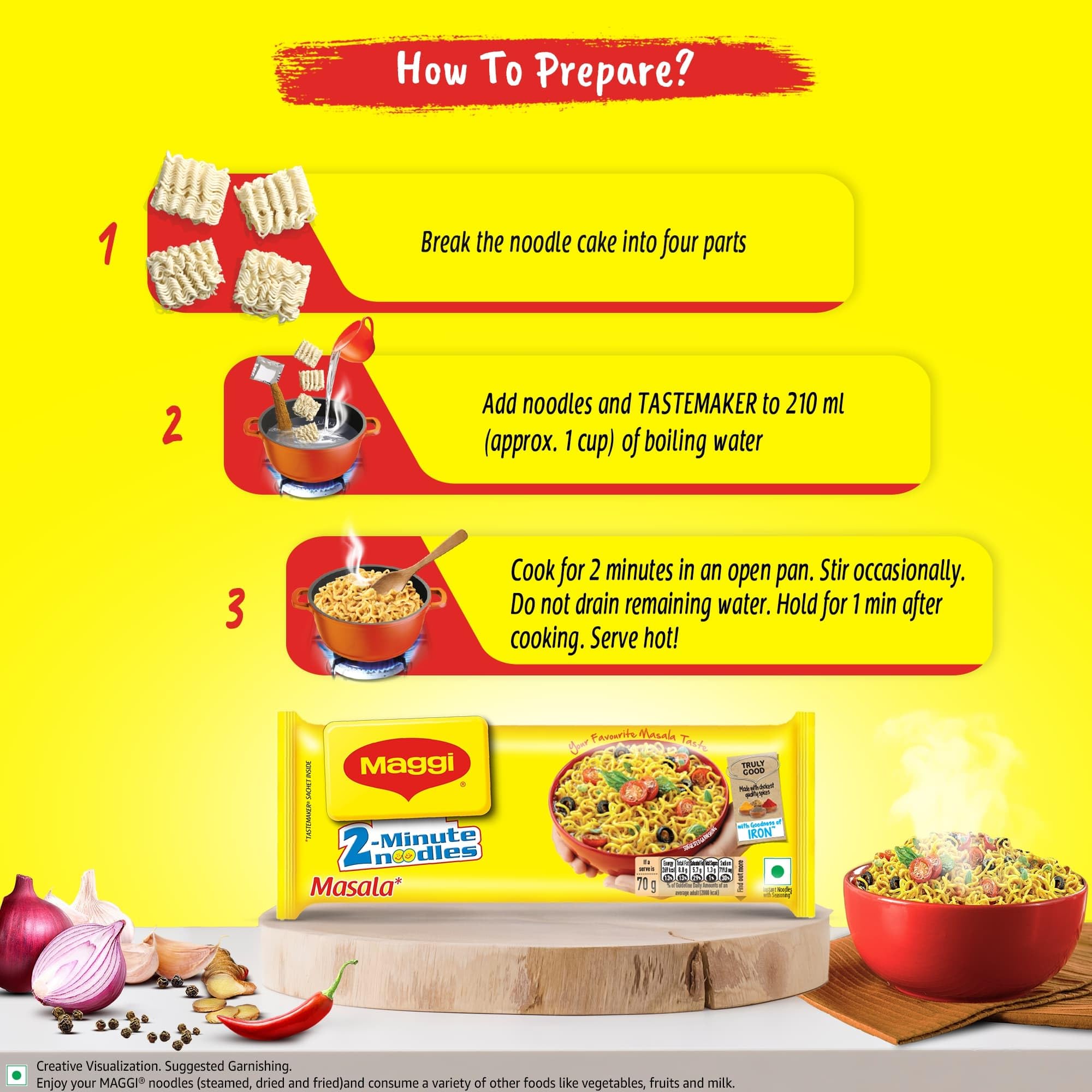 MAGGI 2-Minute Instant Masala Noodles - Iron Enriched, Premium Spices, Classic Flavor (560g) | Quick Meal, Snack, Lunchbox & Emergency Food for Busy Days