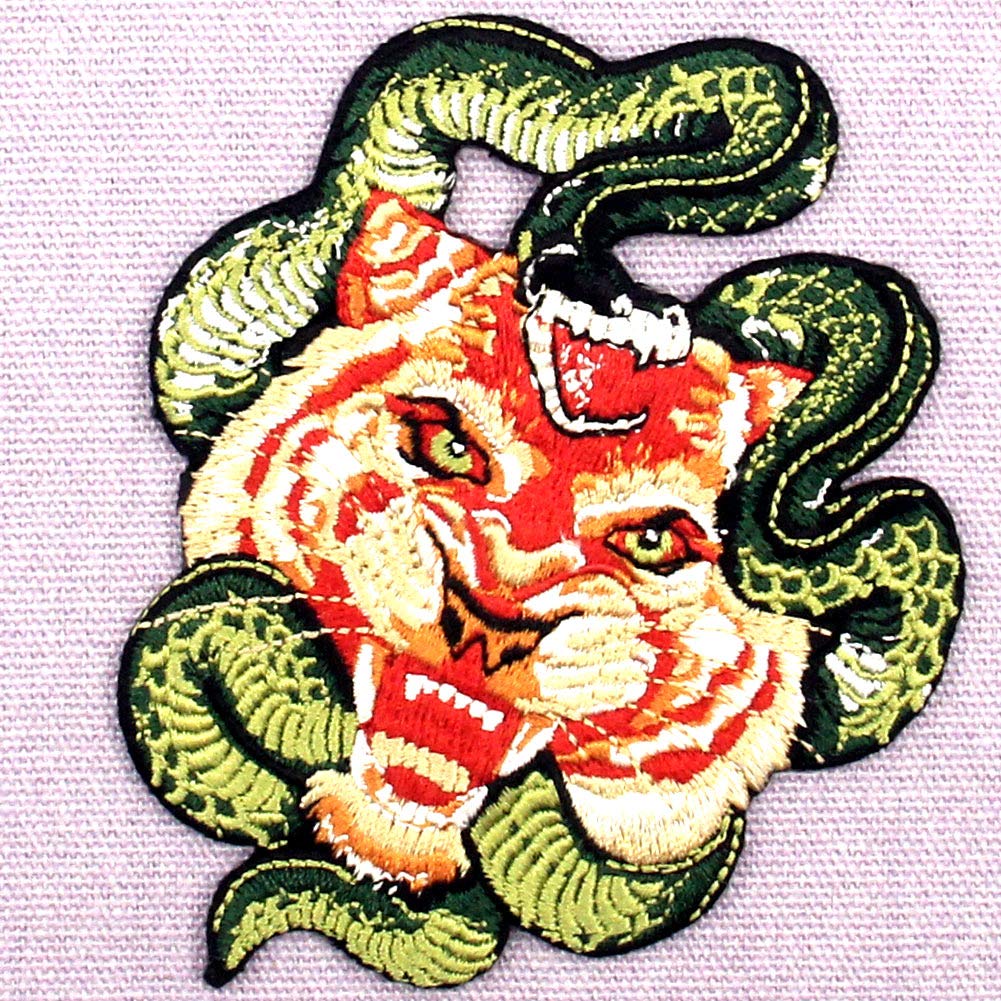Roaring Tiger and Snake Embroidered Patch - Iron On & Sew On Emblem for Jackets, Hats, Bags - DIY Clothing Accessories for Cosplay, Bikers, Fashion