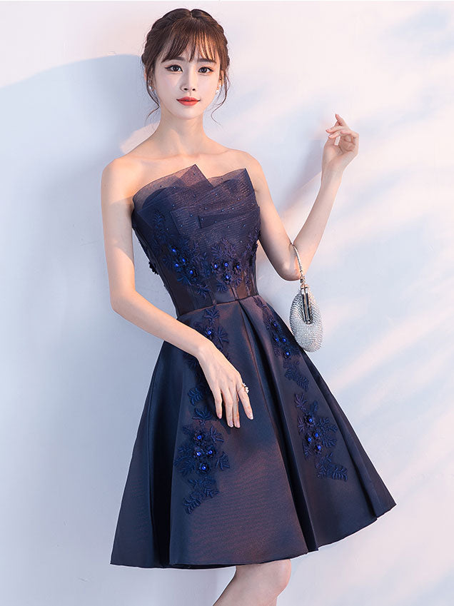 Elegant Blue Satin Lace Short Prom Dress | Homecoming Party Gown | Perfect for Formal Dances, Quinceañeras & Special Occasions