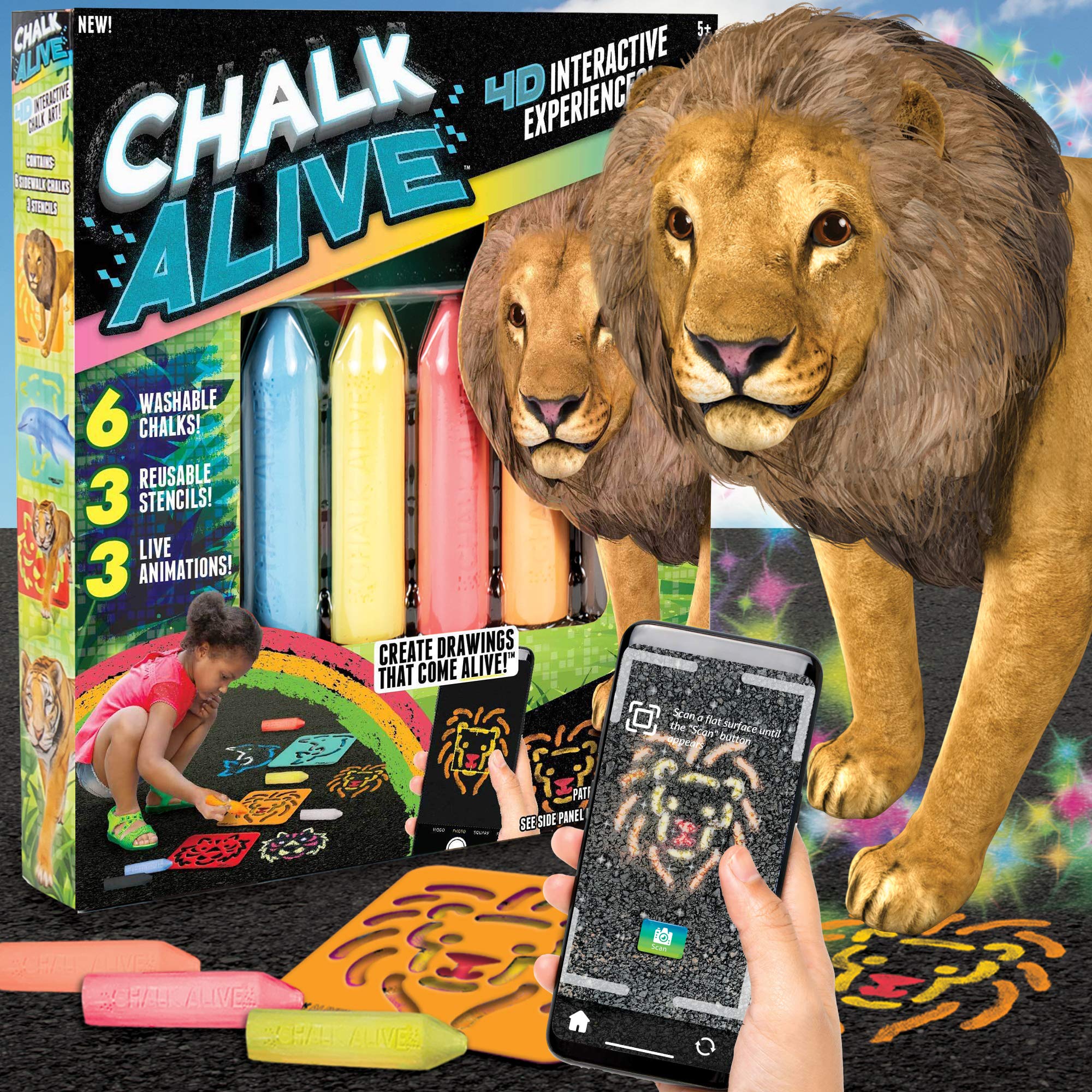 Horizon Group USA Chalk Alive - Augmented Reality Chalk Art Set with 6 Interactive Chalks & 3 Reusable Stencils | Watch Lion, Tiger & Dolphin Come to Life | Perfect for Kids Outdoor Play, Sidewalk Art & Creative Learning Activities