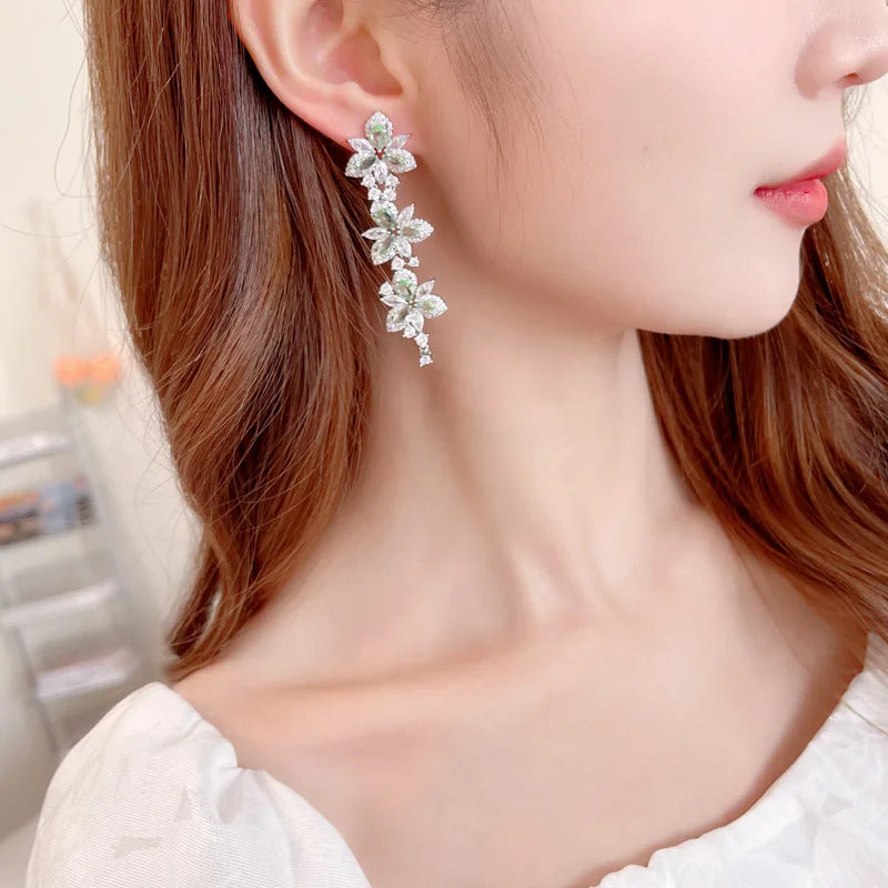 Elegant Cubic Zirconia Flower Drop Earrings for Women - Long Banquet Dress Jewelry Accessories - Perfect for Weddings, Parties & Special Occasions
