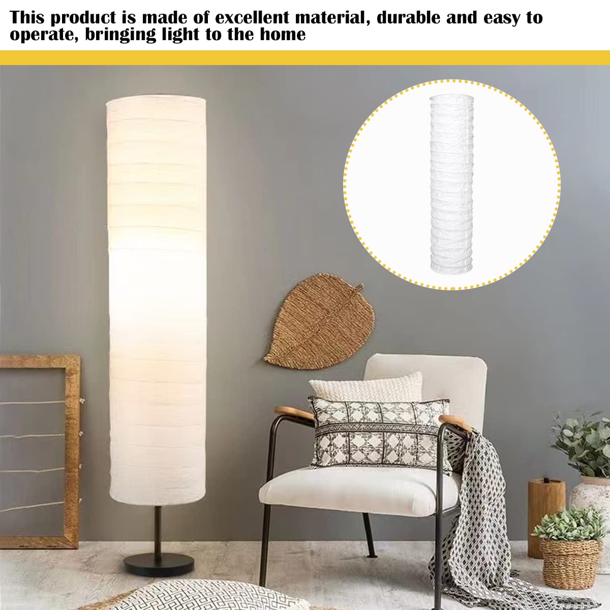 Rice Paper Floor Lamp Shade - Classic Modern Handmade Paper Lampshade Light Accessories with Bulb Cage Guard for Bedroom & Living Room | Soft Ambient Lighting for Cozy Home Decor