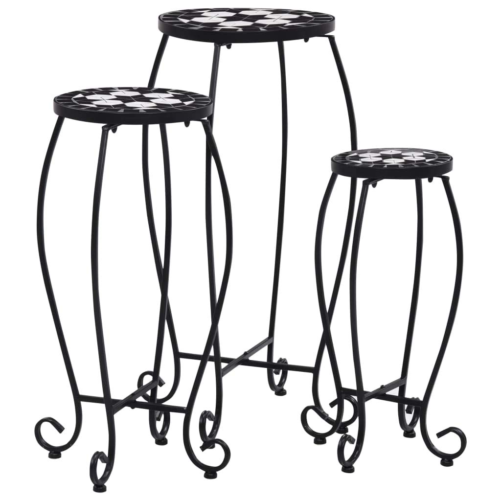 vidaXL 3-Piece Black and White Ceramic Mosaic Accent Table Set - Side Table, End Table, Plant Stand for Indoor & Outdoor Decor - Perfect for Patio, Porch, Balcony, Deck, Poolside or Living Room - Ideal for Displaying Flowers, Plants or as Stylish Coffee Table Companion