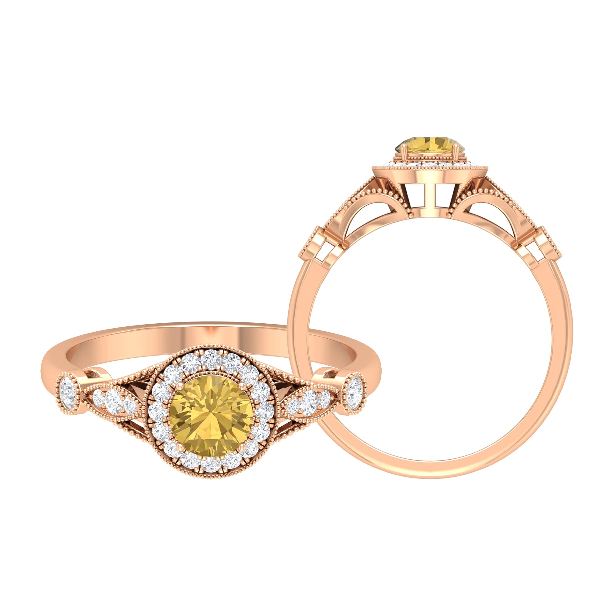 1 CT Natural Citrine Engagement Ring with Diamond Accents - 5mm Round Cut 14K Solid Gold Milgrain Band - Vintage Style Yellow Citrine Wedding Ring for Women - Perfect for Proposals, Anniversaries & Special Occasions