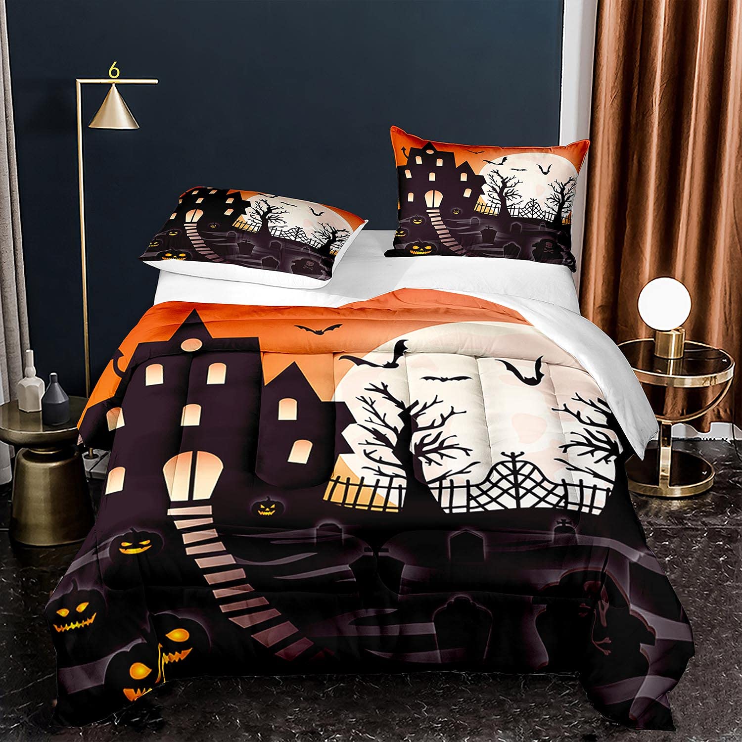 EDUMEYA Halloween Comforter Set King Size - Black Castle Pumpkin Lantern Bat Printed Bedding for Kids & Teens (1 Duvet + 2 Pillowcases) - Gothic Cemetery Theme Quilted Comforter for Spooky Bedroom Decor