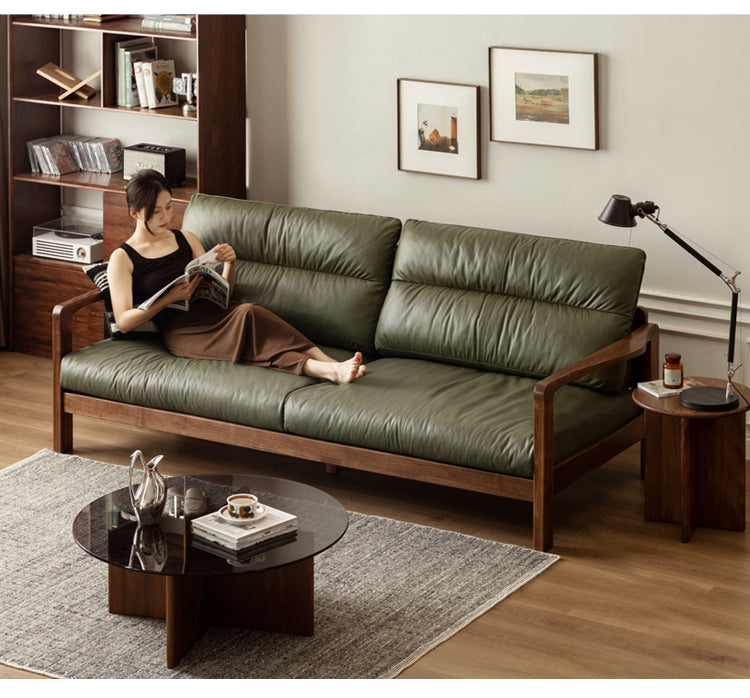 Premium Black Walnut Solid Wood Leather Sofa - Modern Luxury Living Room Furniture for Home & Office (Perfect for Lounging, Entertaining & Relaxing)