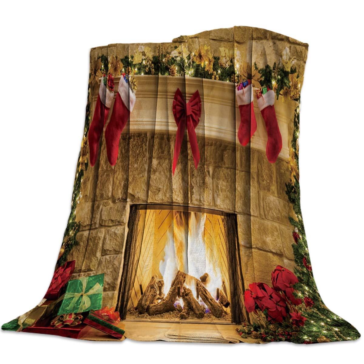 MAIANNE 60x80 Inches Soft Fluffy Fuzzy Flannel Throw Blanket - Cozy Fireplace & Christmas Sock Design - Warm Decorative Blanket for Sofa, Couch, Chair, Bedroom - Perfect Gift for Winter & Holiday Season (Great for Snuggling by the Fire, Watching Movies, and Adding Festive Decor)