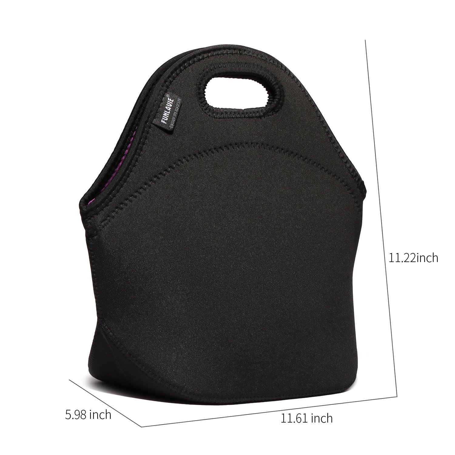 FUNLAVIE Insulated Neoprene Lunch Bag for Men & Women - 4mm Black Zipper Tote for Work, School, Picnics & Outdoor Activities
