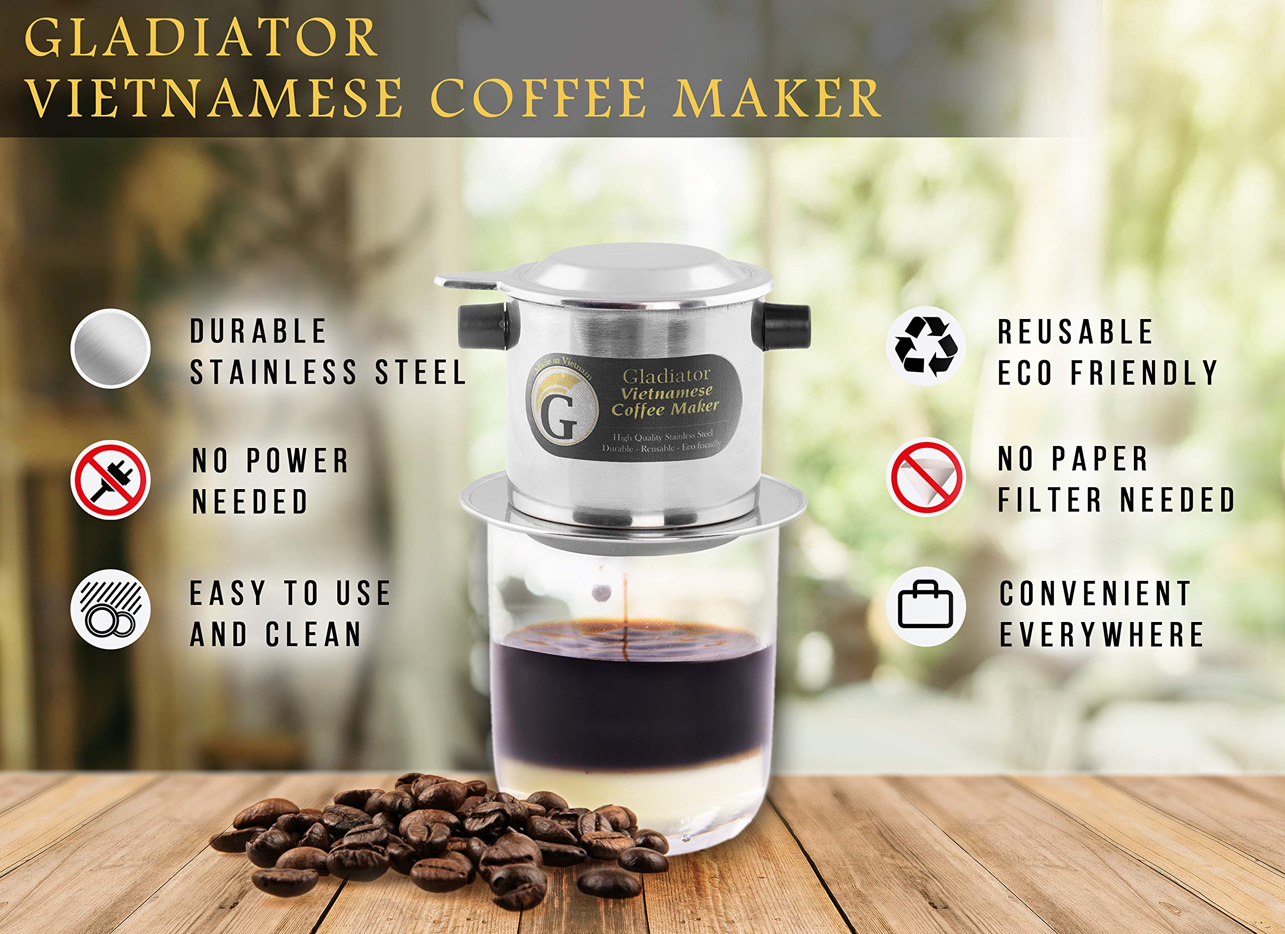 Premium Vietnamese Coffee Filter Set - French Press & Pour Over Dripper - 15oz Reusable Stainless Steel Coffee Maker for Home, Office & Travel - Ideal for Iced Coffee, Camping & Gifts