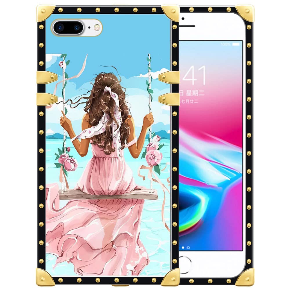 Premium iPhone 8 Plus/7 Plus Case (5.5-inch) - Elegant Sea Swing Design with Soft TPU Edges & Metal Corner Decorations | Stylish Protective Cover for Women | Perfect for Daily Use, Travel & Outdoor Activities