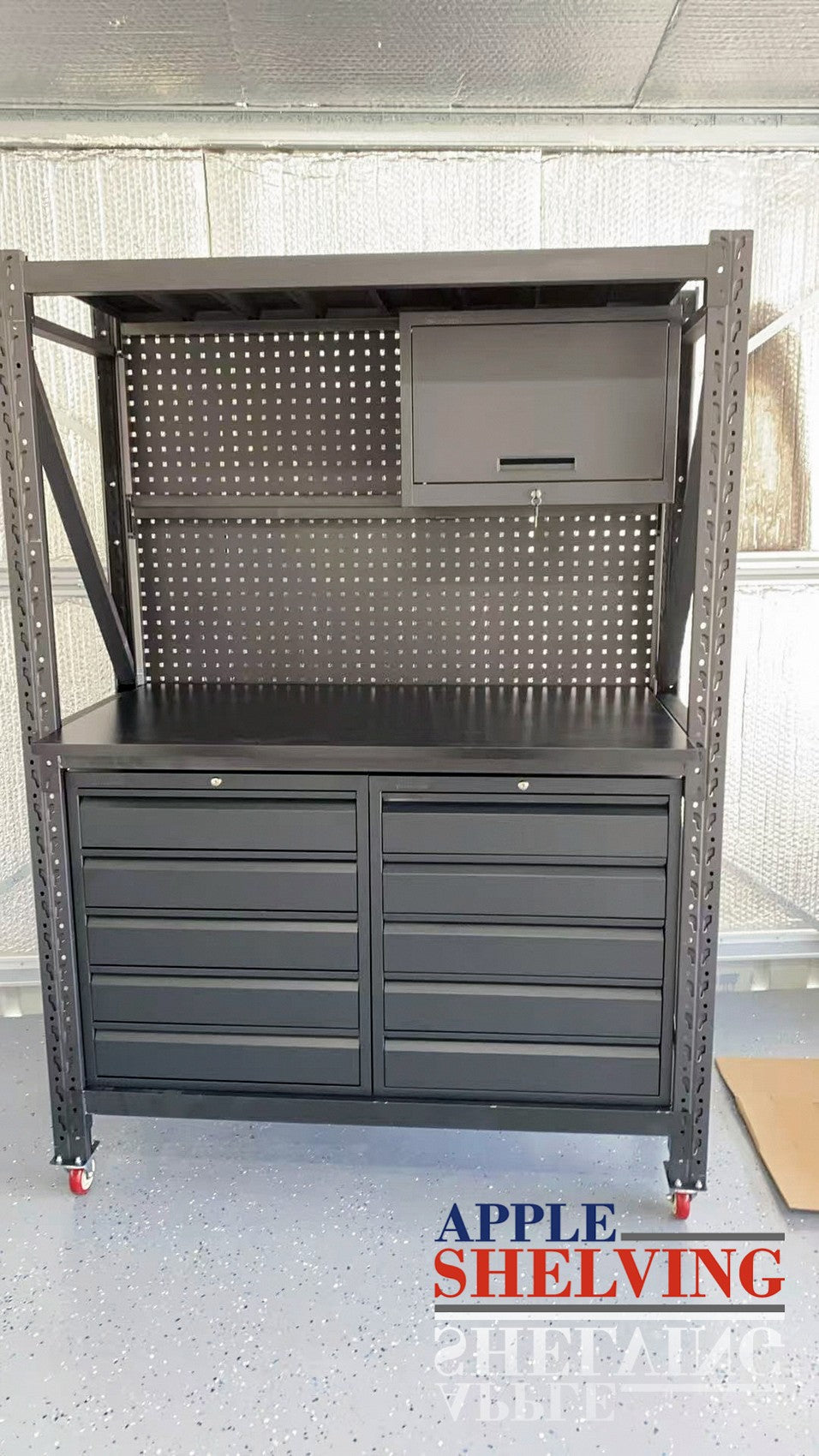 1.5m (5ft) Heavy Duty Steel Pegboard Workbench with 10 Drawers & Cabinet - Perfect for Garage, Workshop, and DIY Projects