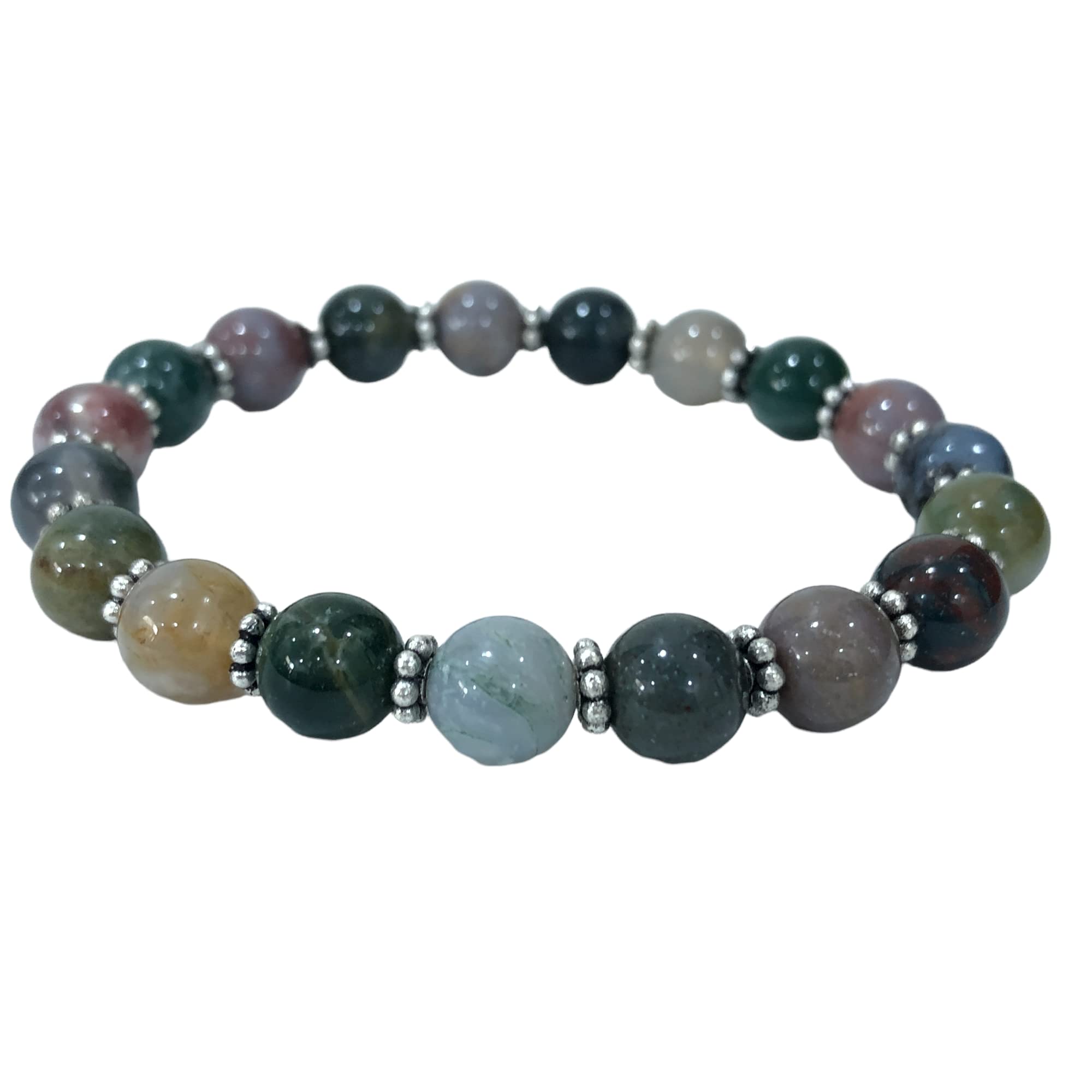 SHNAYA JEWELS AAA Natural Indian Agate 8mm Round Beaded Stretchable Elastic Bracelet - Chakra Healing, Anxiety Relief, Friendship & Couple Bracelet - Handmade Unisex Jewelry for Meditation, Yoga & Daily Wear