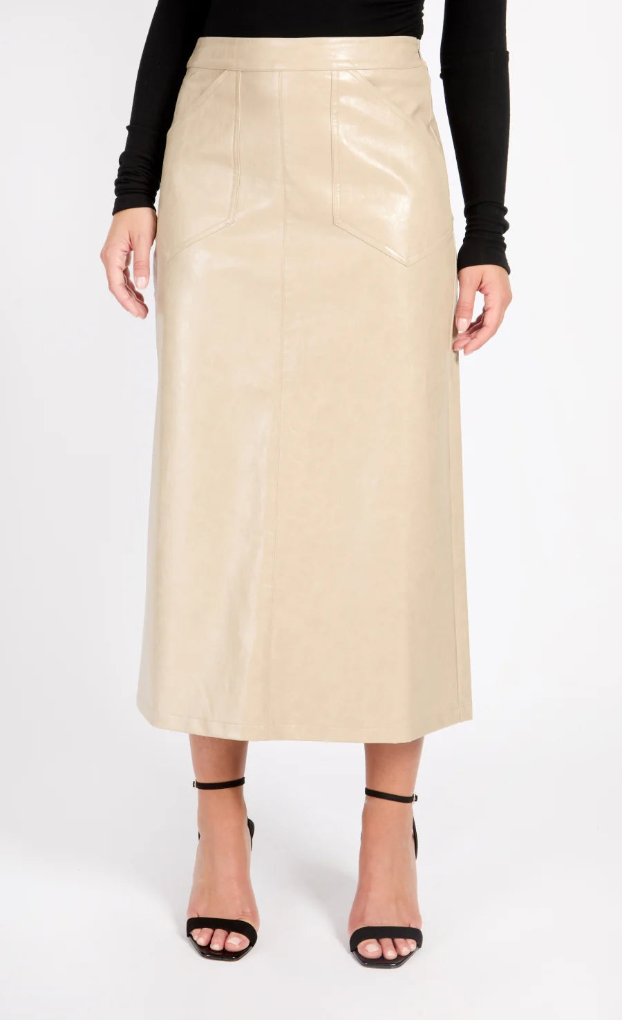 Amie Faux Leather Skirt - Women's High Waist Stretch PU Skirt with Cracked Texture in Oatmeal Color | Perfect for Casual Outfits, Night Out, and Office Wear