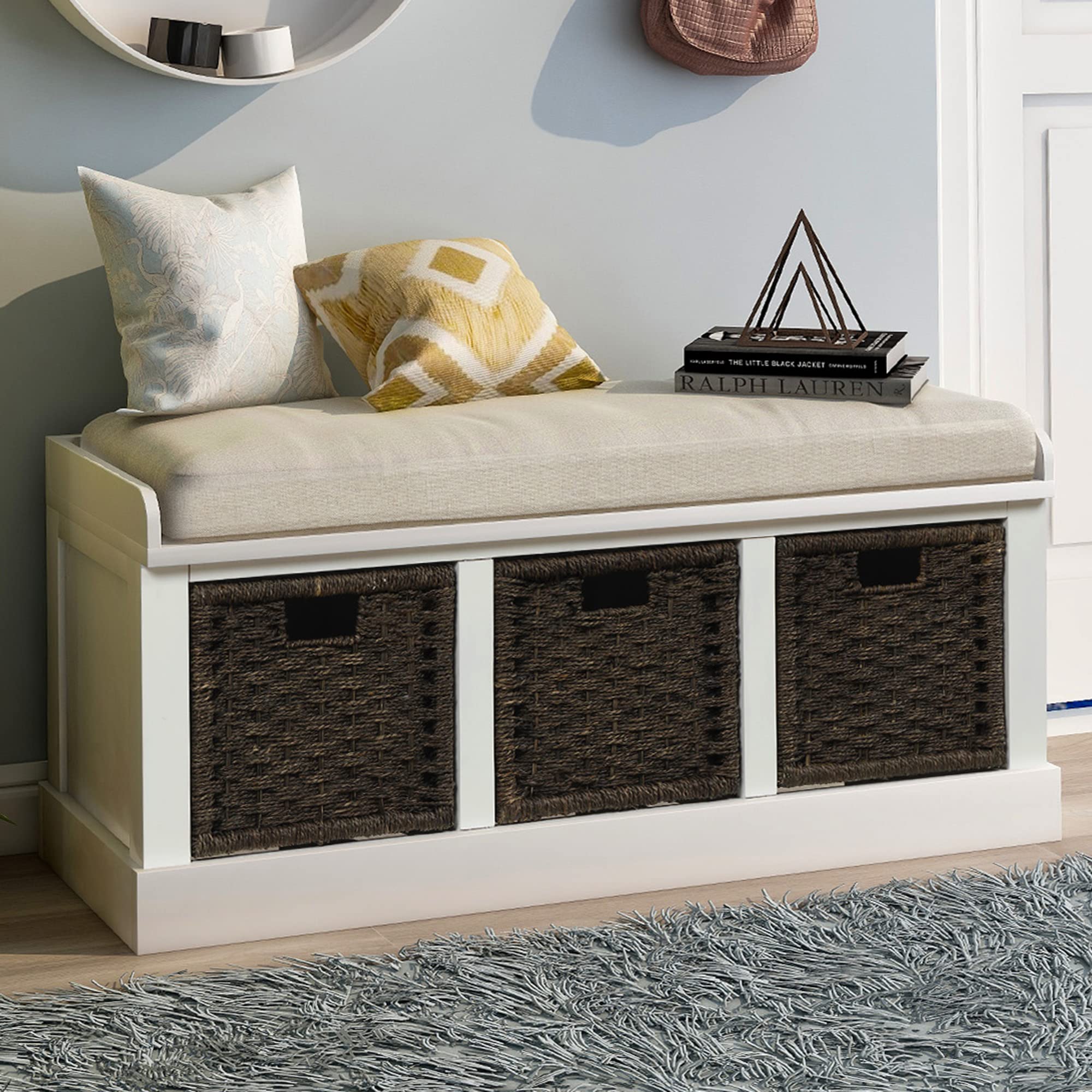 Rustic Entryway Storage Bench with Removable Cushion & 3 Rattan Baskets - Antique White Wooden Hallway Bench for Bedroom, Living Room & Entrance Organization | Perfect for Small Space Decor & Shoe Storage