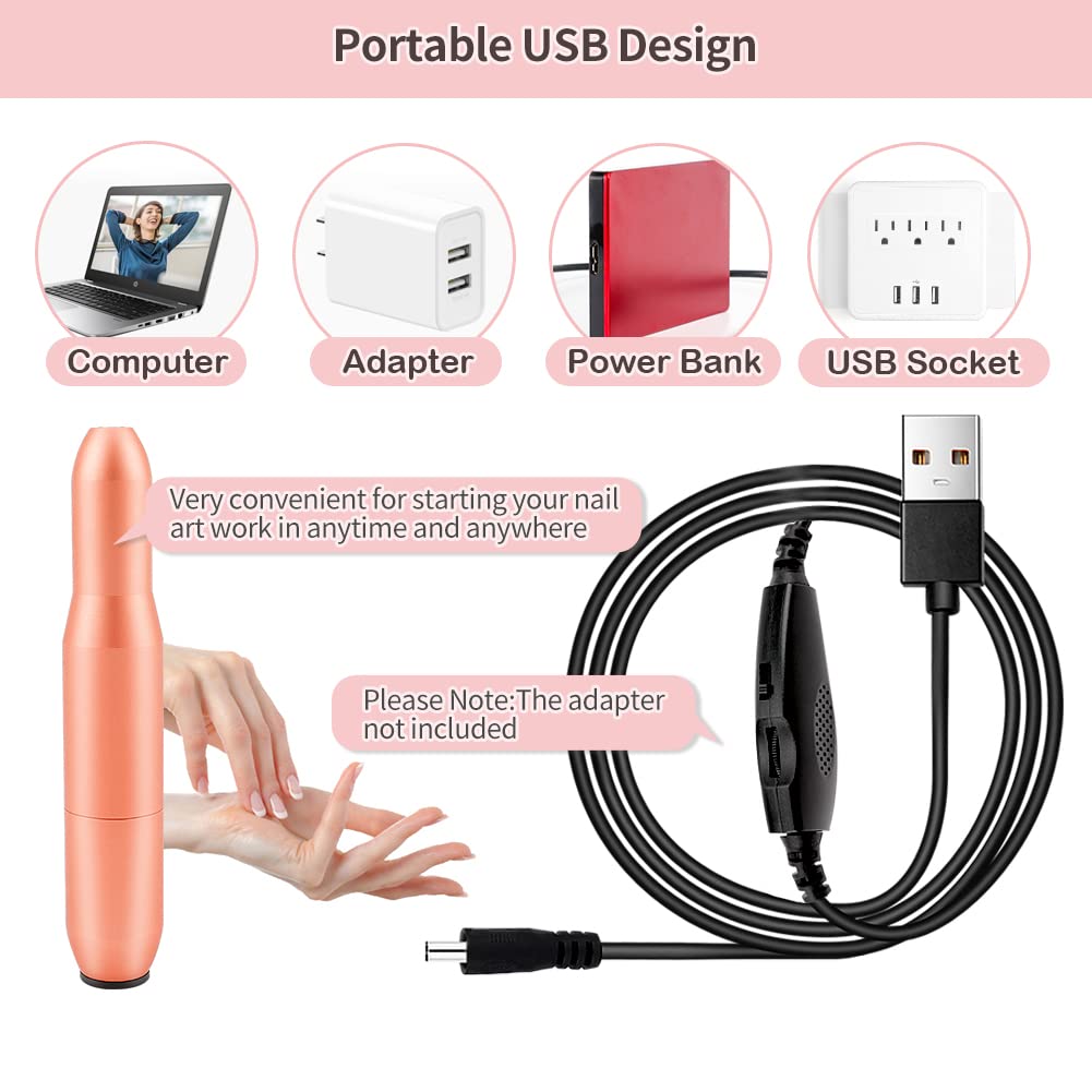 Professional Electric Nail Drill Set - USB Portable Nail Filer Machine with 6 Drill Bits & Sanding Bands | Manicure Pedicure Kit for Acrylic, Gel & Polygel Nails | Perfect for Home Salon & Nail Art Enthusiasts