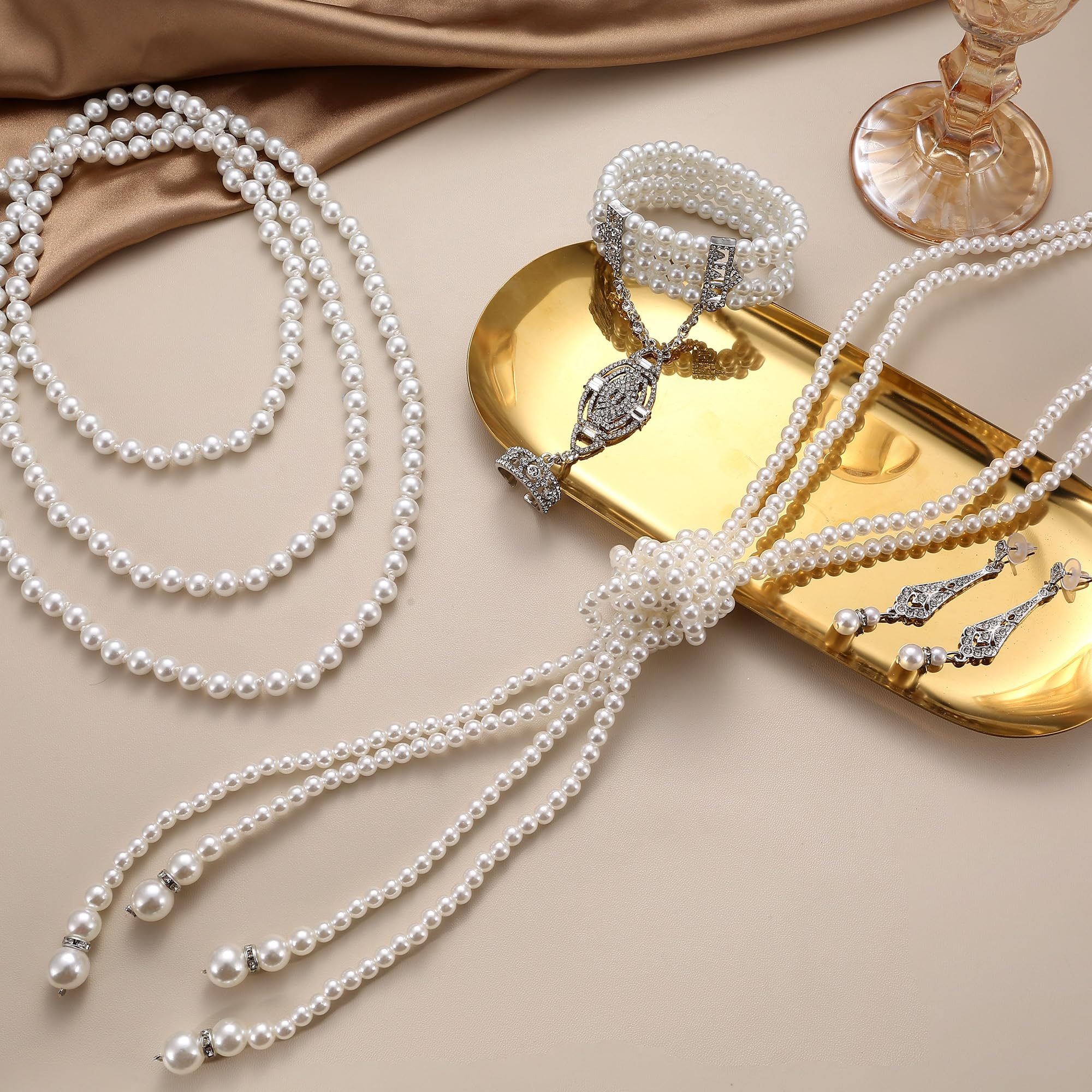 Vintage Pearl Jewelry Set - 6 Pcs 1920s Flapper Necklace, Bracelet, Earrings for Gatsby Party
