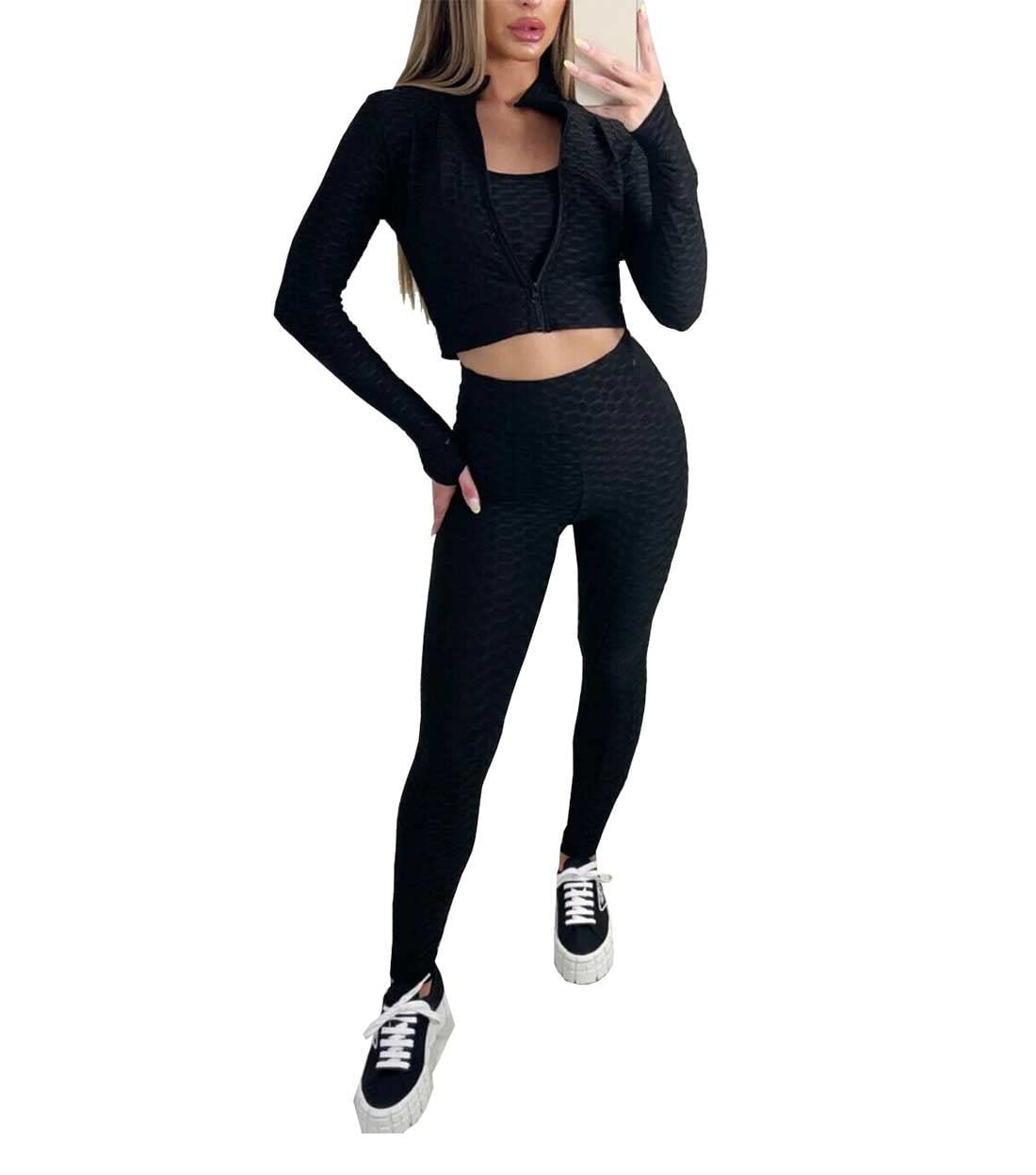 Women's Long Sleeve Zipper Anti-Cellulite Shirt & Bubble Textured Waffle Leggings Set - Slimming Workout Outfit for Yoga, Gym & Everyday Wear