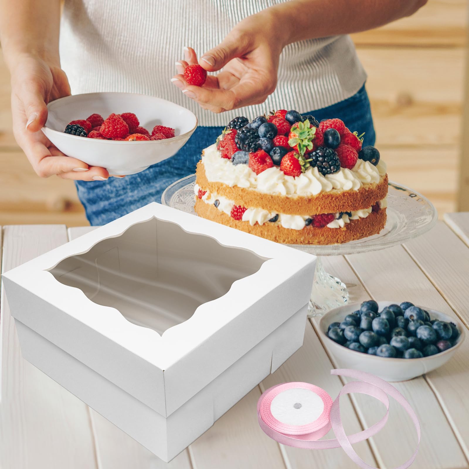 10x10x5 Inches White Bakery Cake Box Set (12pcs) - 6 Disposable Cake Boxes & 6 Cake Boards with Ribbon for Birthday, Pastries, Pies | Perfect for Home Baking, Party Desserts & Gift Packaging